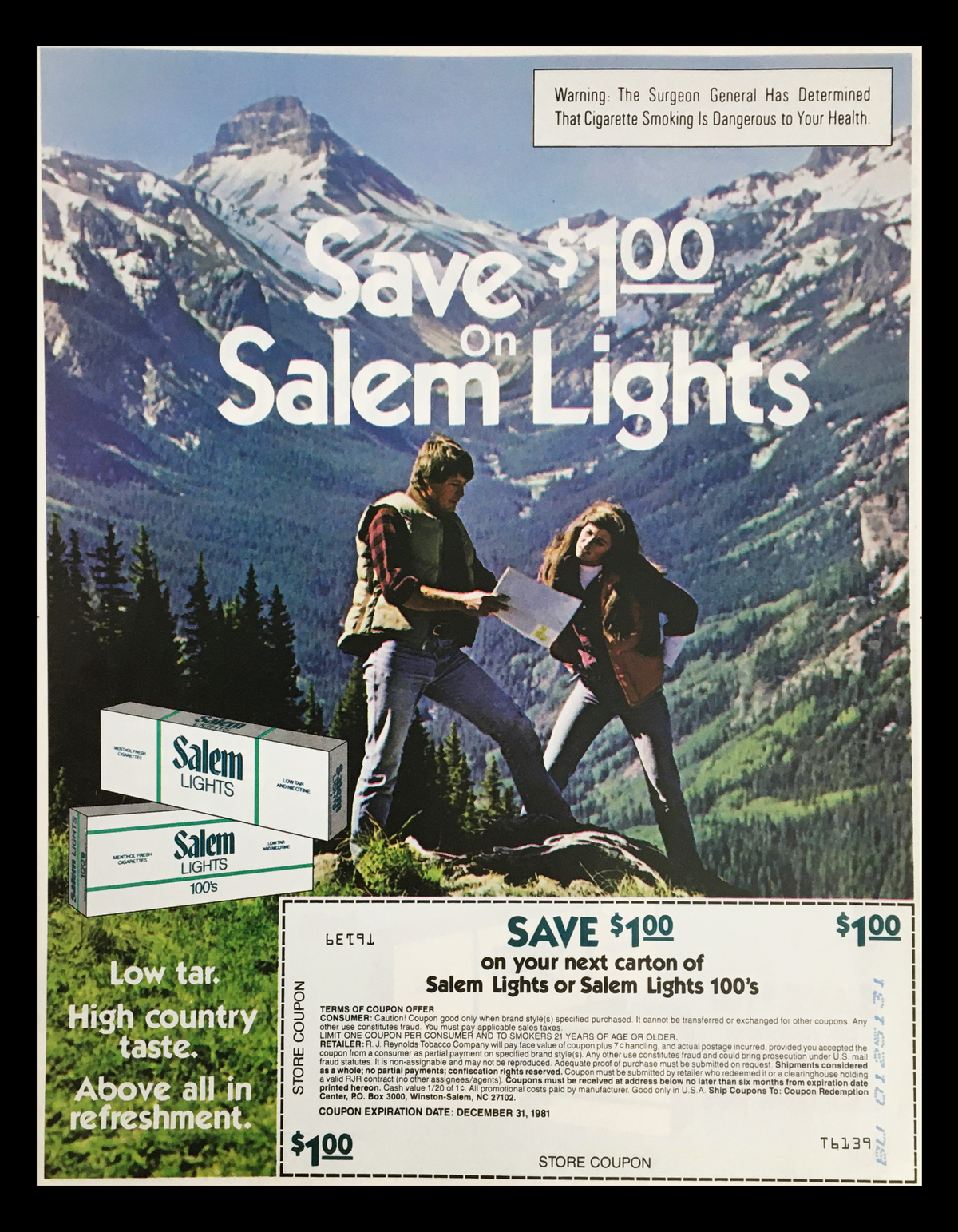 1981 Salem Lights Menthols Circular Advertisement highlighting a scenic mountain view with two models showcasing a $1.00 savings coupon for Salem Lights cigarettes.