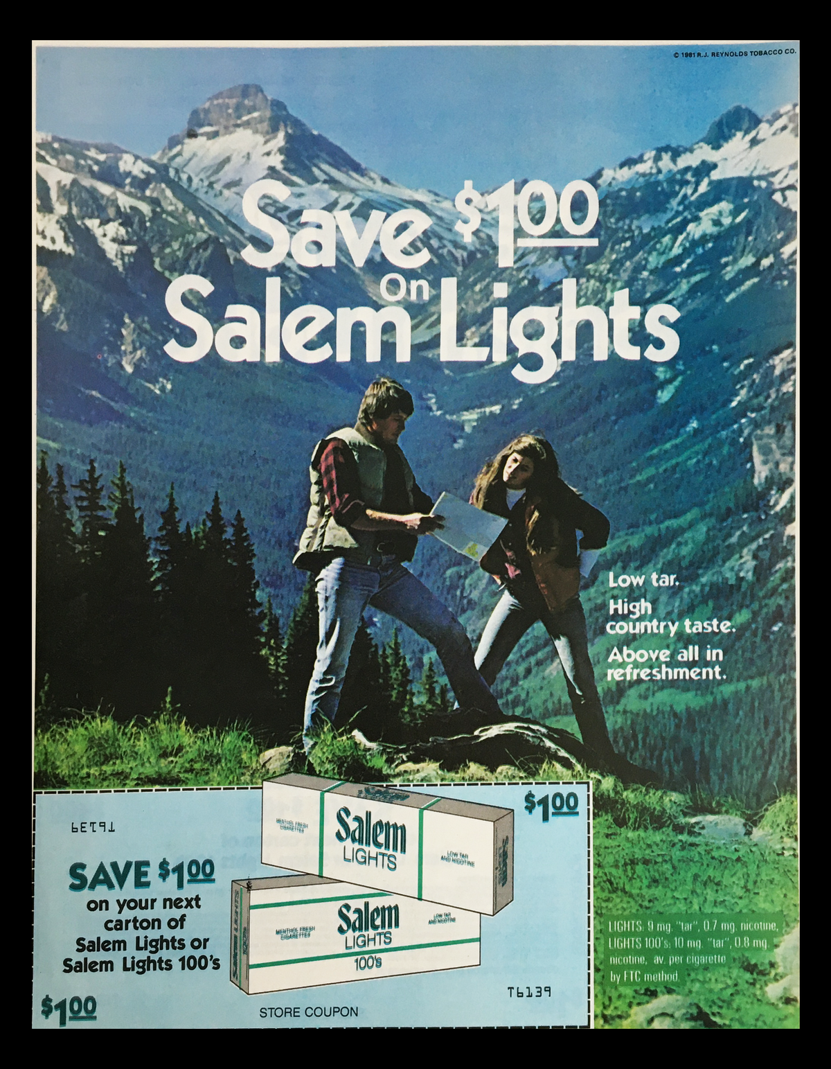 1981 Salem Lights Menthols Circular Advertisement featuring a nature backdrop with two individuals promoting a coupon to save $1.00 on Salem Lights cigarettes.