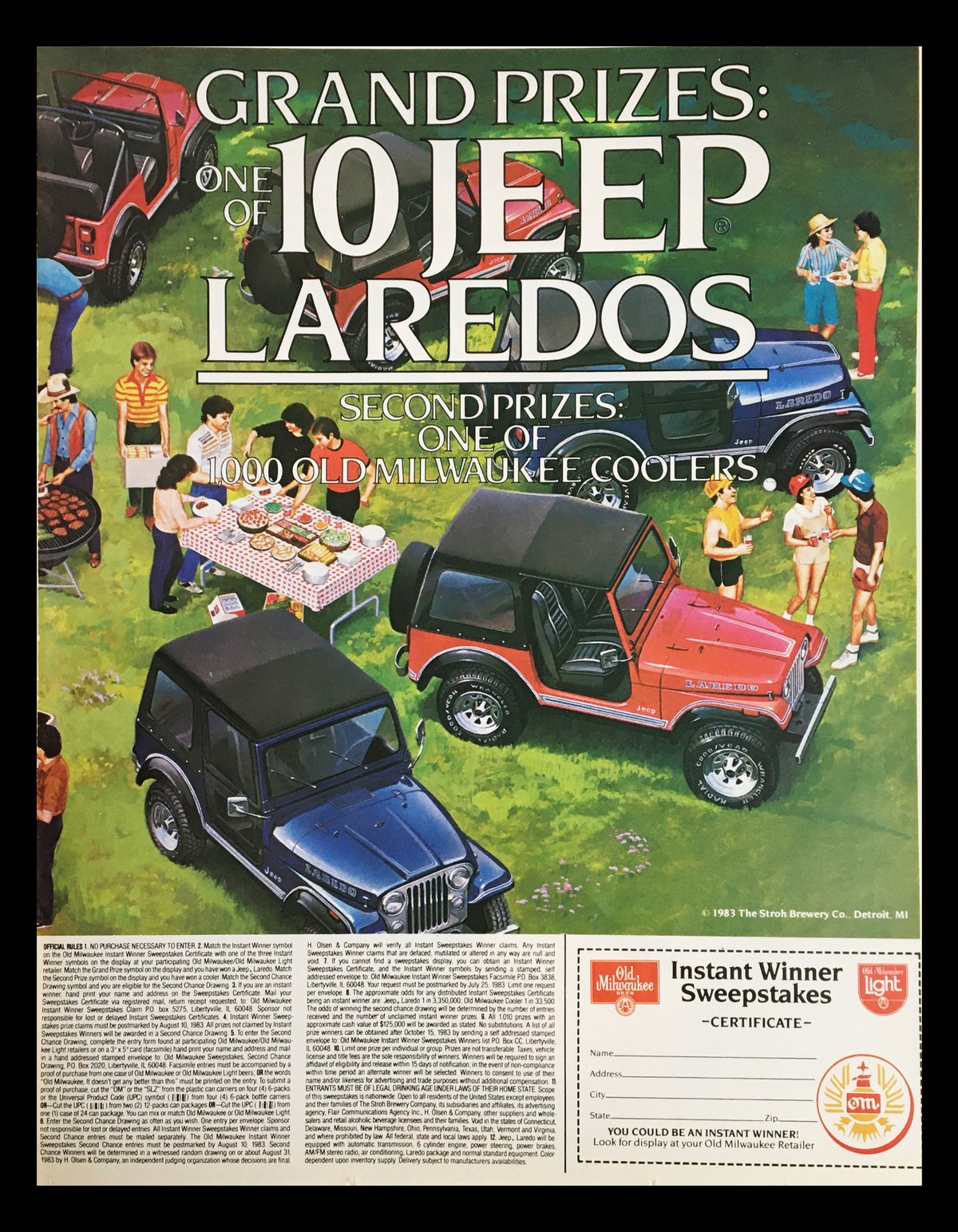 1983 advertisement for a sweepstakes featuring a grand prize of 10 Jeep Laredos and second prizes of Old Milwaukee coolers, promoting instant win opportunities.