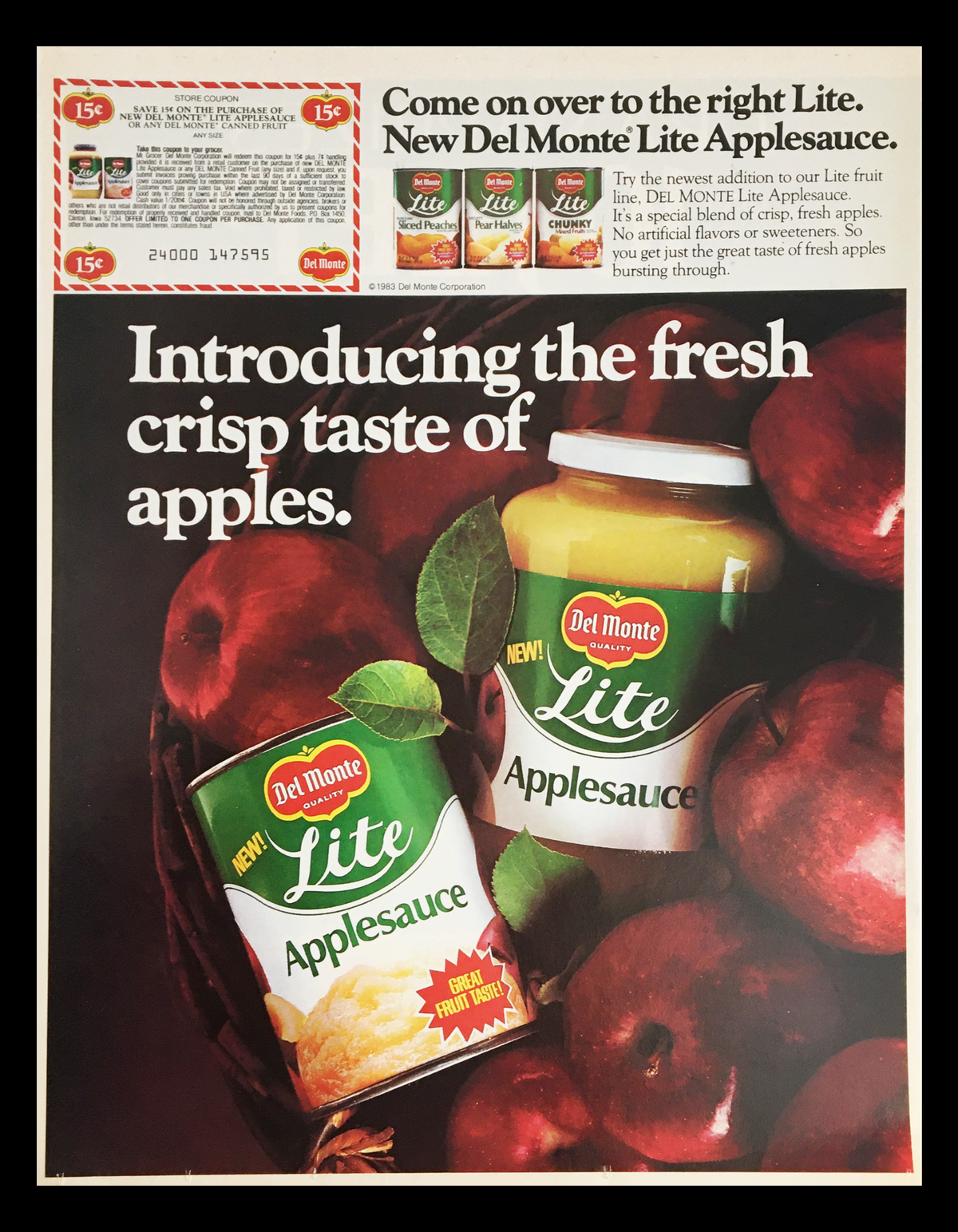 1983 Del Monte Lite Applesauce Circular Coupon Advertisement showcasing a jar of Del Monte Lite Applesauce against a backdrop of fresh apples, promoting the fresh crisp taste of apples.
