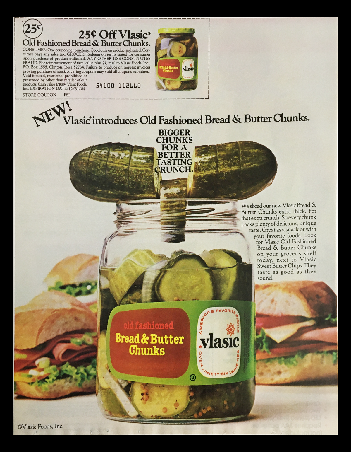 1983 advertisement for Vlasic Old Fashioned Bread & Butter Chunks featuring a jar of pickles, showcasing the product as a tasty addition to meals with a coupon offer.