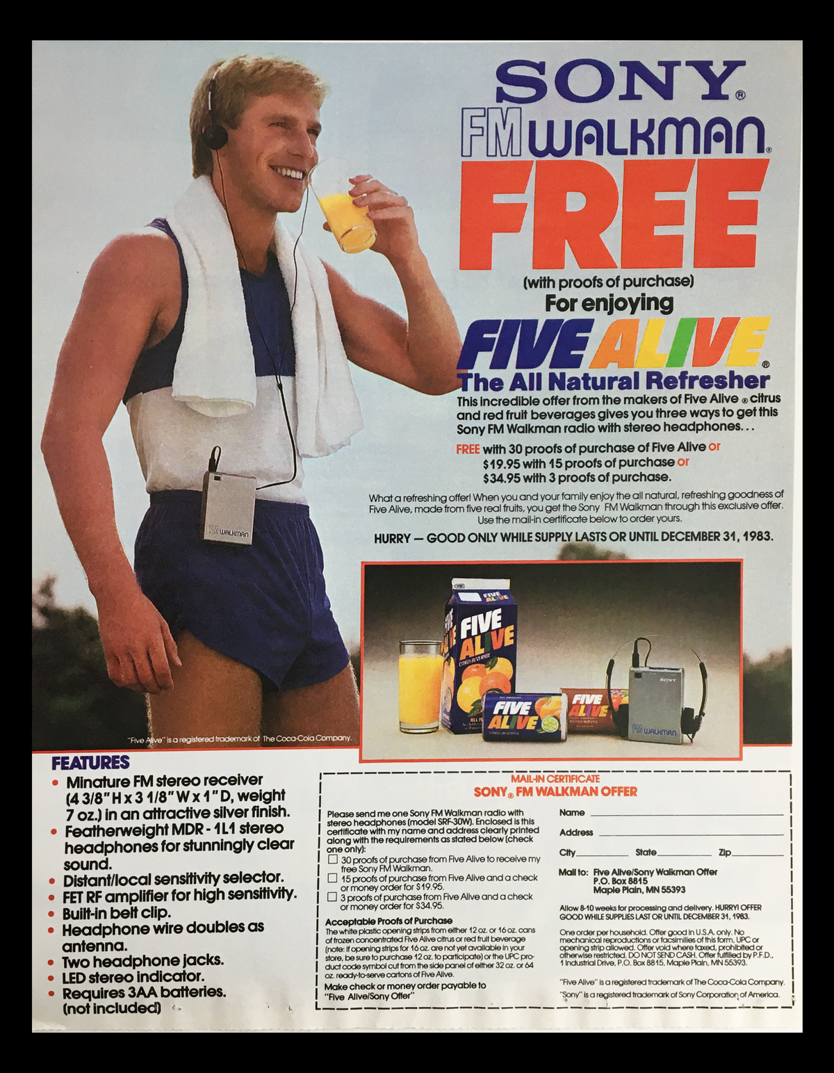 1983 Five Alive Natural Refresher Circular Coupon Advertisement featuring a fit man enjoying the drink while using a Sony Walkman, promoting a free gift with the purchase of Five Alive.
