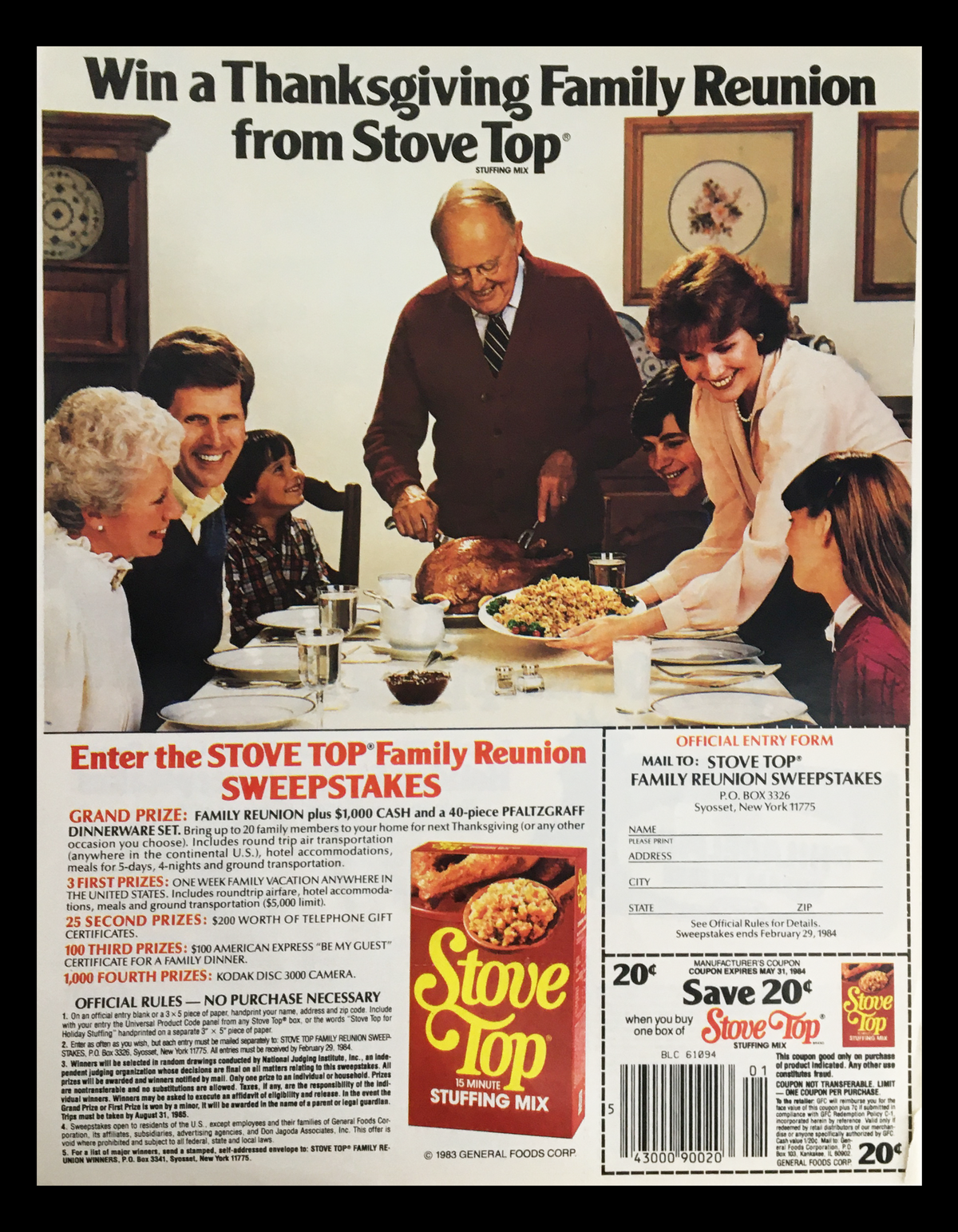 1983 Stove Top Stuffing Mix Advertisement showcasing a family gathered around a table for Thanksgiving dinner. The ad promotes a sweepstakes for a Thanksgiving Family Reunion, highlighting the nostalgic celebration of family togetherness.