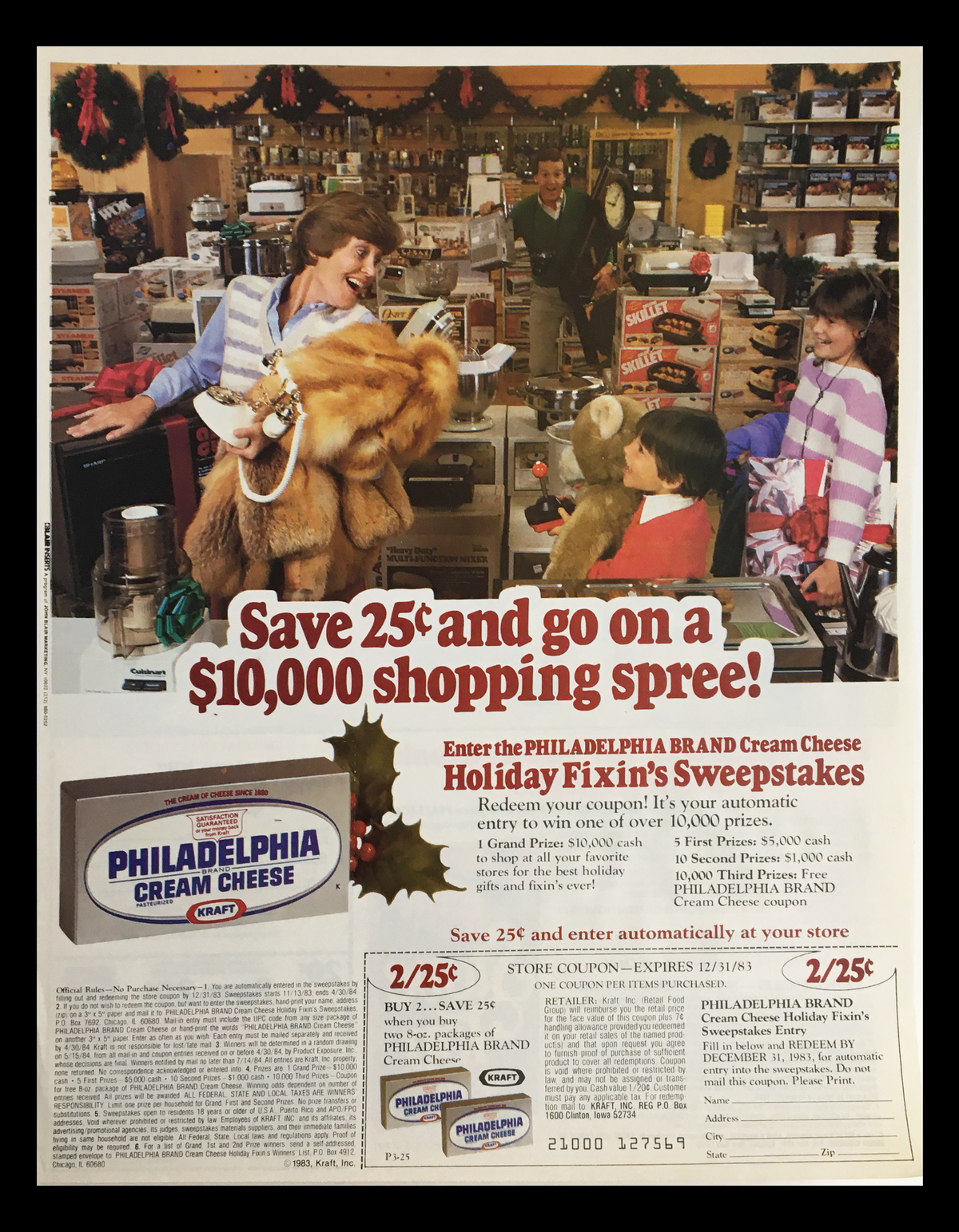 1983 Kraft Philadelphia Brand Cream Cheese Circular Coupon Advertisement featuring a family shopping at a grocery store during the holiday season. The ad promotes entering a sweepstakes for a chance to win a shopping spree.