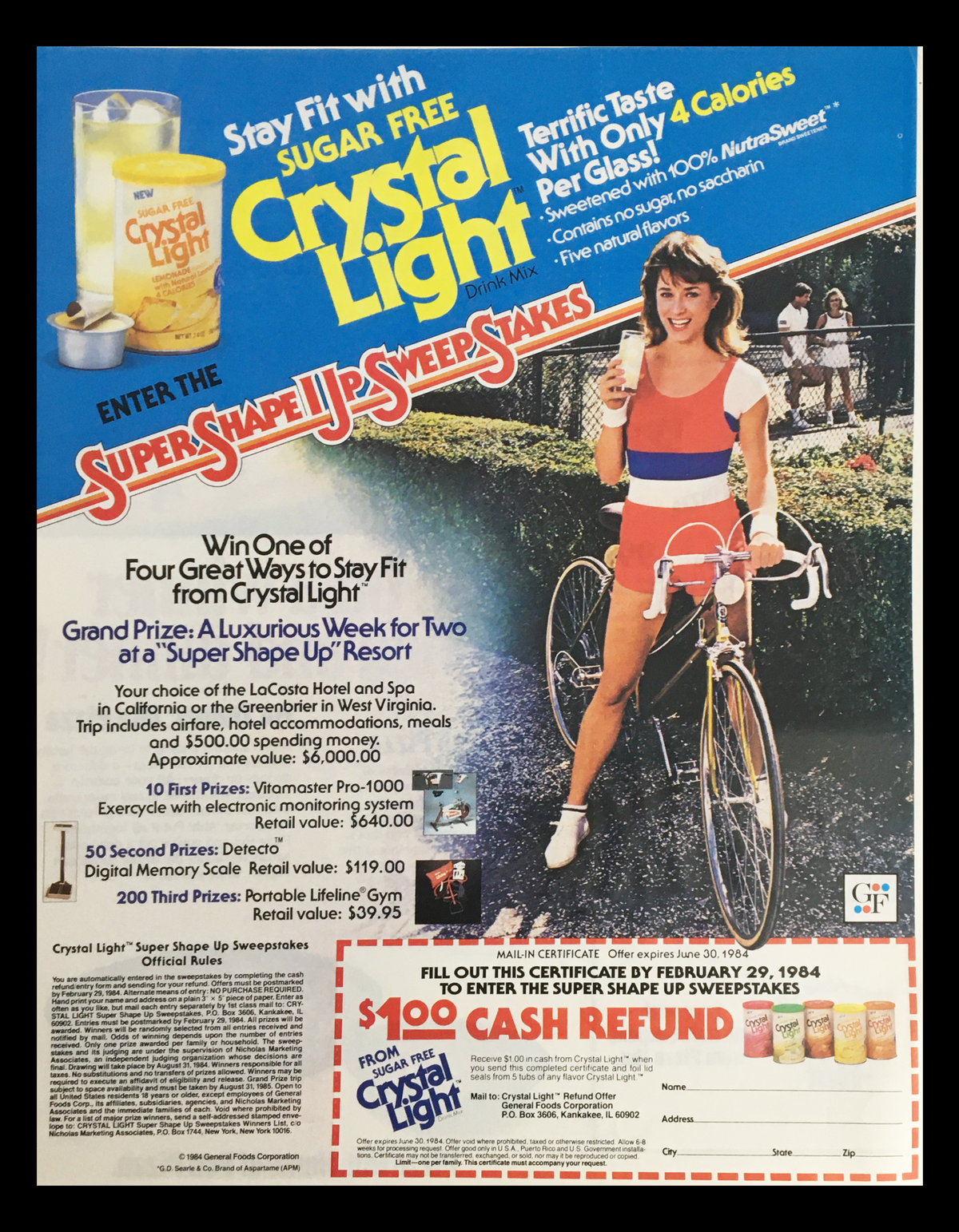 1983 advertisement for Crystal Light drink mix showcasing a woman on a bicycle, promoting the Super Shape Up Sweepstakes with prizes including a luxurious resort stay and health products.