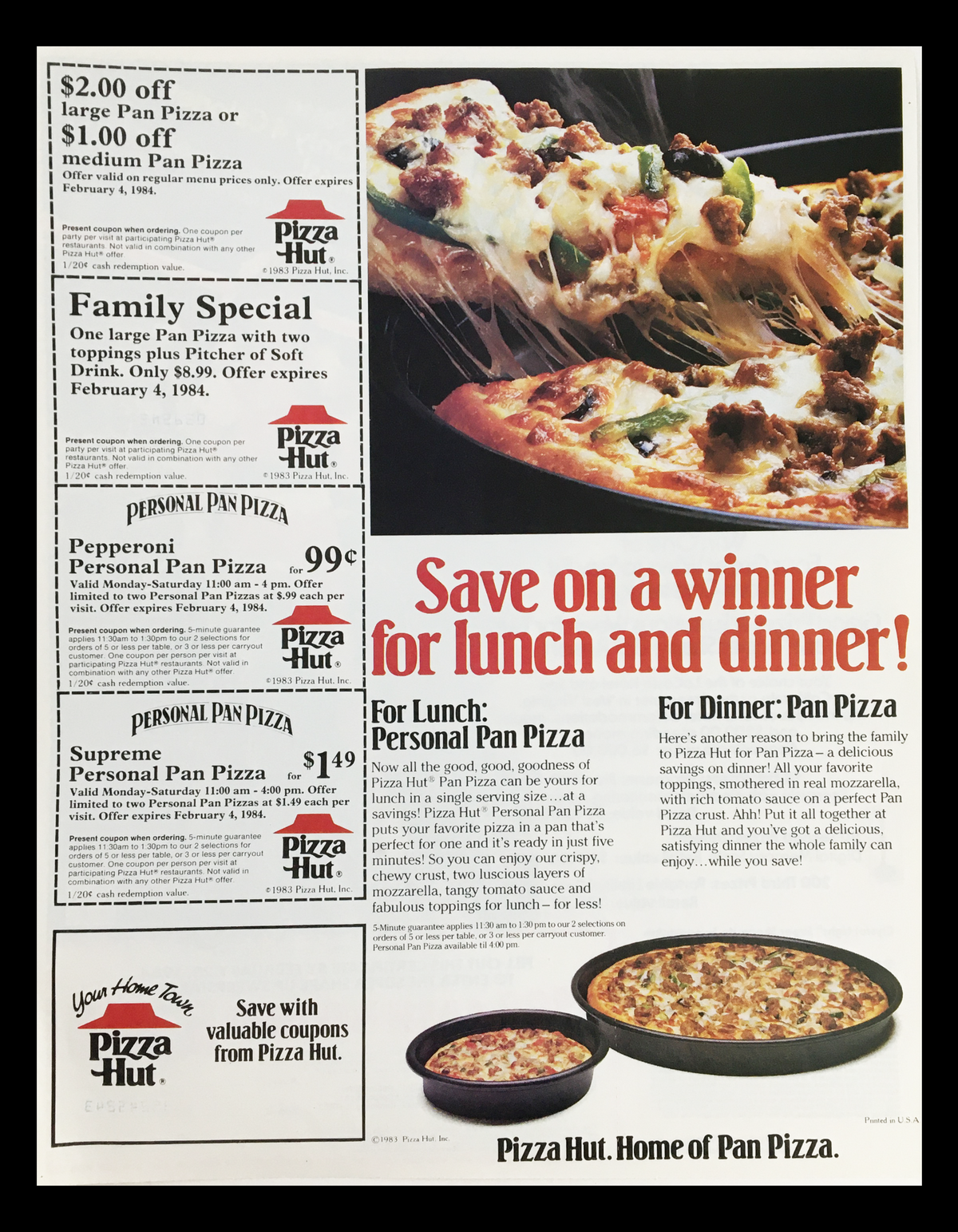 1983 Pizza Hut Home of Pan Pizza Circular Coupon Advertisement featuring discounts for Personal Pan Pizzas and Family Special. Includes details about coupon expiration and promotional offers.