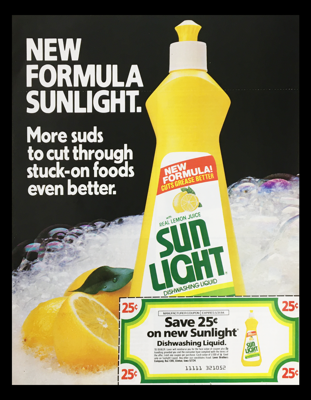 1984 Sunlight Dishwashing Liquid Circular Coupon Advertisement featuring a bottle of Sunlight dishwashing liquid with a new formula claim and lemon graphics, alongside a coupon offering 25 cents off, highlighting the effective grease-cutting properties.