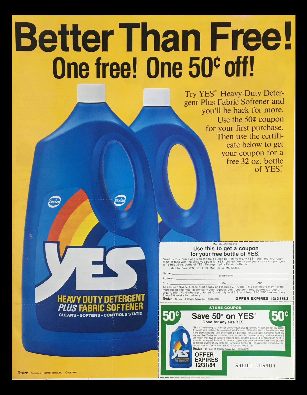 1983 Yes Heavy Duty Detergent Fabric Softener Circular Coupon Advertisement featuring vibrant product visuals and a promotional offer for a 50-cent discount.
