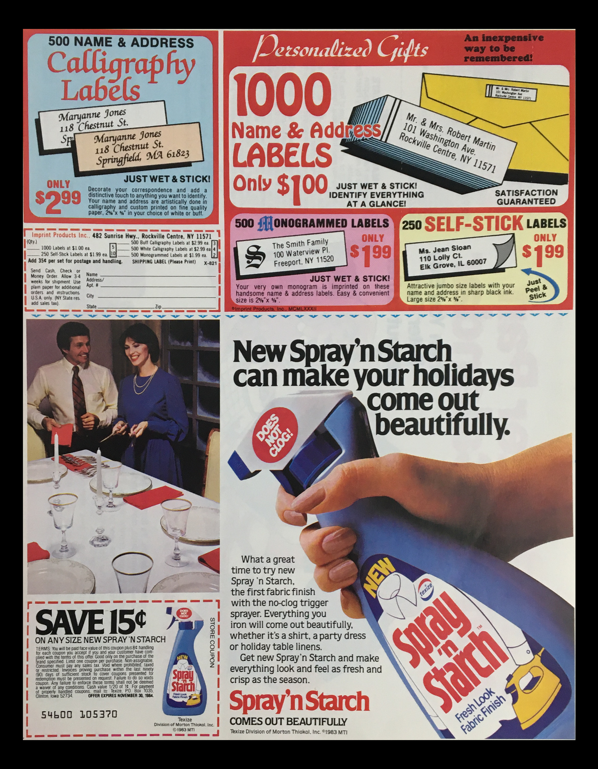 1983 Peter Pan Salt Free Peanut Butter Circular Coupon Advertisement featuring various vintage advertisements including personalized gifts and a promotional spray starch offer. Captures the essence of the 1980s marketing and household products.
