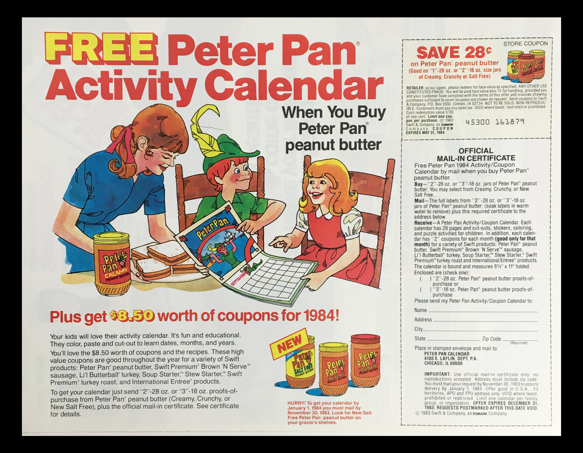 1983 Peter Pan Salt Free Peanut Butter Circular Coupon Advertisement showcasing a promotional activity calendar with illustrations of children and peanut butter jars. Highlights a deal for Peter Pan peanut butter with coupons and a mail-in certificate.