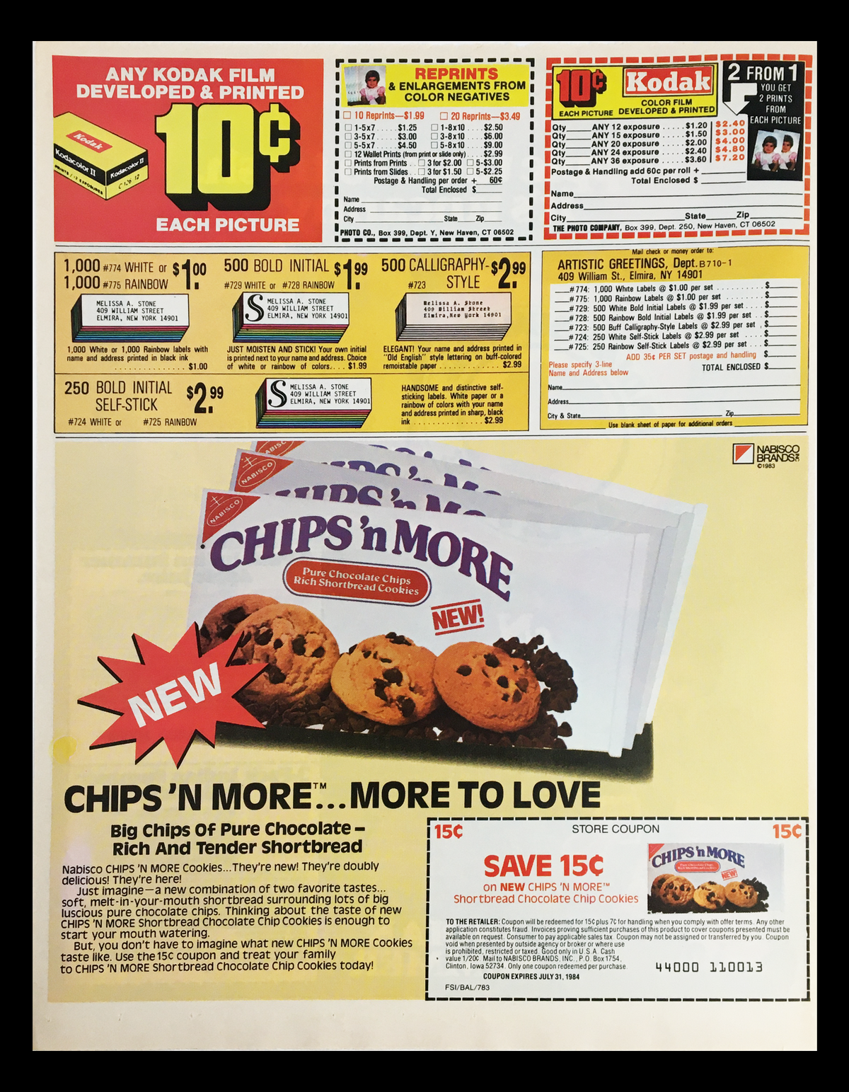 1983 advertisement for Kodak film development services and Nabisco Chips 'n More cookies featuring coupons. The image showcases price listings and promotional items, reflecting marketing strategies from the early 1980s.