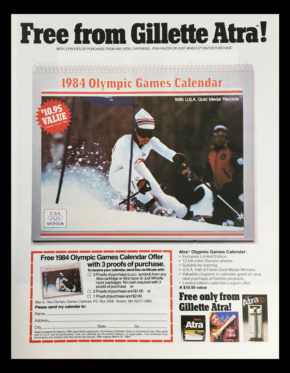1984 Olympic Games Calendar promotional advertisement from Gillette Atra, featuring a winter sports scene and details on how to obtain the calendar with proofs of purchase.