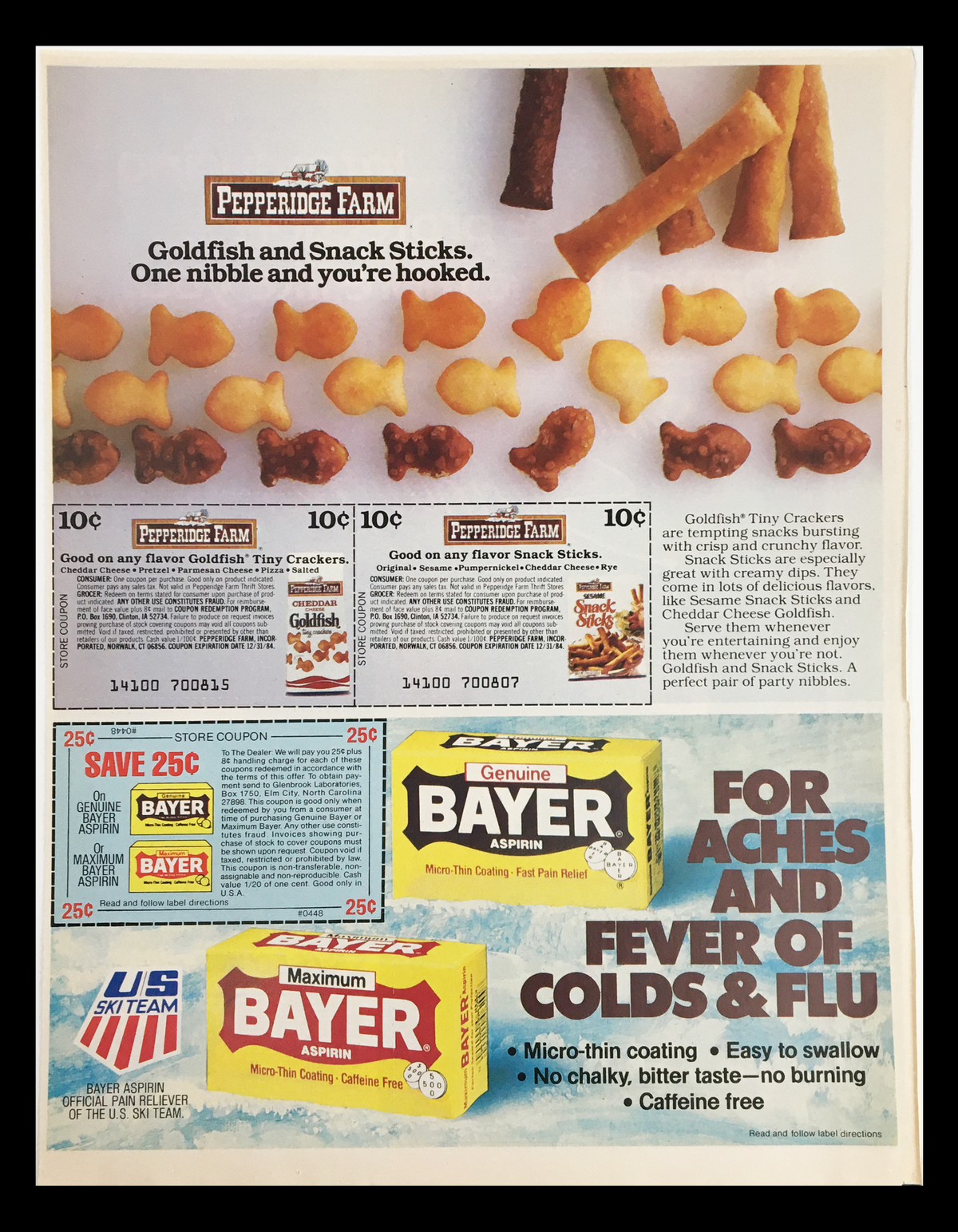 1984 Stayfree Silhouette Body-Shape Maxi Circular Coupon Advertisement featuring various Pepperidge Farm snacks including Goldfish and Snack Sticks, showcasing an expired coupon offer.