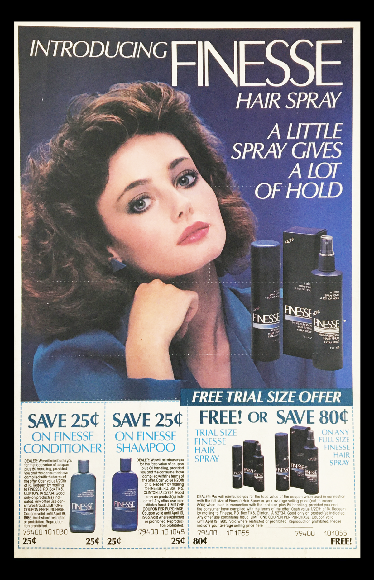 1984 Finesse Hair Spray Shampoo & Conditioner Circular Coupon Advertisement featuring a woman with voluminous hair, showcasing Finesse hair products with a free trial size offer and coupon savings for Finesse conditioner and shampoo.