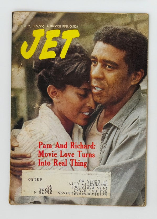 Vintage Jet Magazine cover from June 2, 1977, featuring Richard Pryor and Pam Grier, titled 'Pam And Richard: Movie Love Turns Into Real Thing'. This original magazine captures the essence of 1970s pop culture.