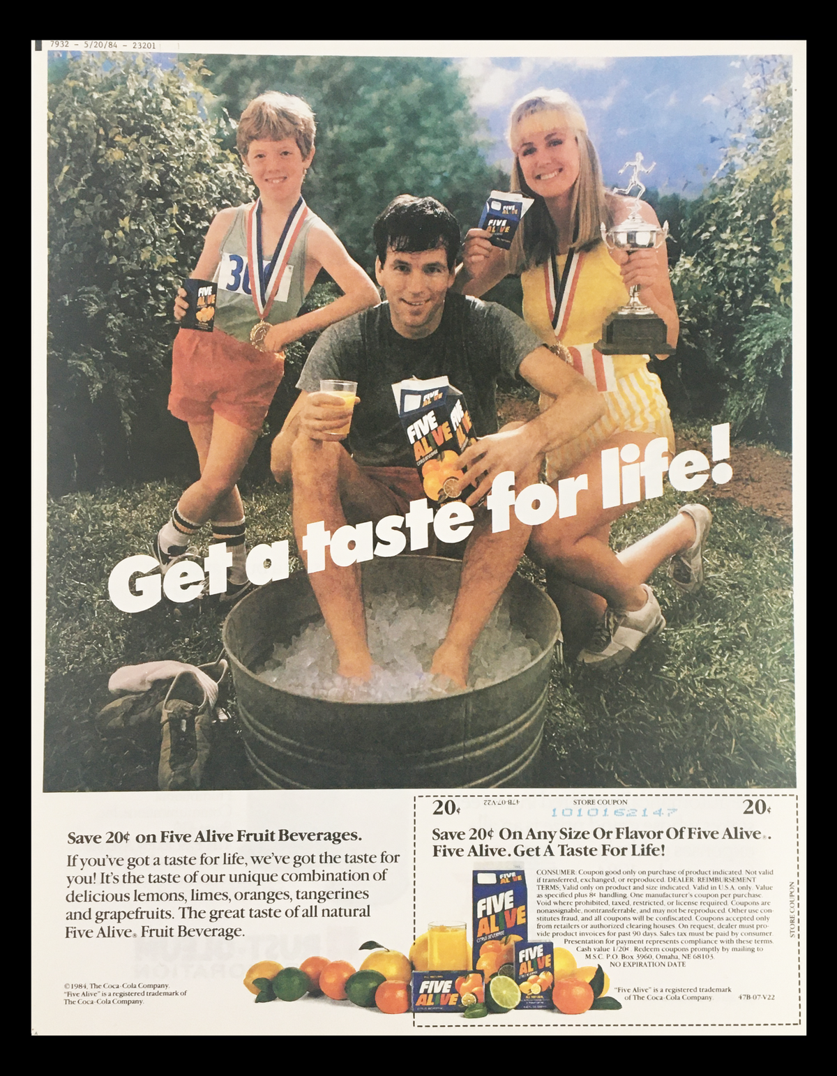 1984 Five Alive Fruit Beverages Circular Coupon Advertisement featuring a family enjoying the beverage, with children and adults seated in a large bowl, promoting a taste for life with special discount offers.