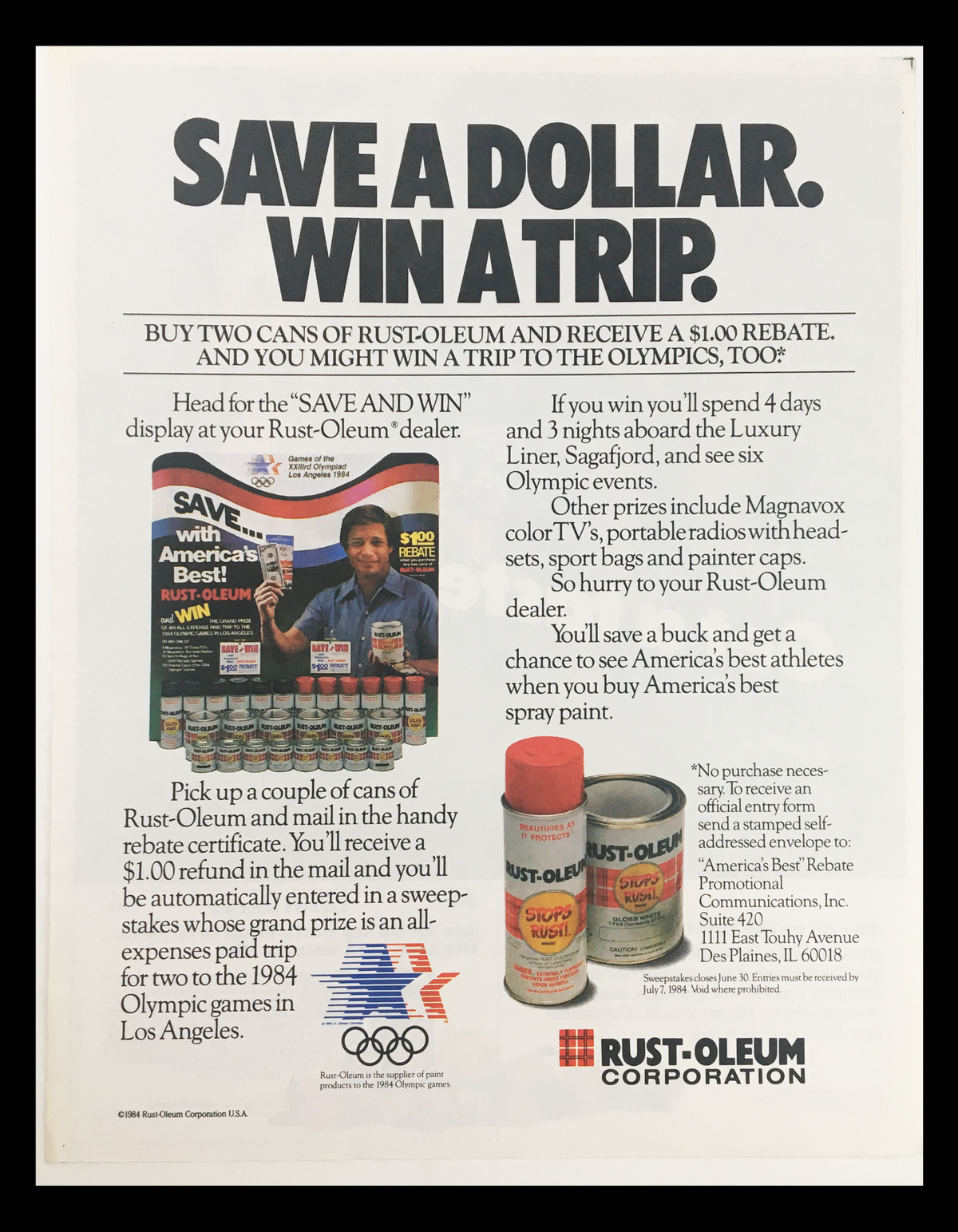 1984 Five Alive Fruit Beverages Circular Coupon Advertisement featuring promotional details for Rust-Oleum products, including savings offers and a chance to win a trip to the Olympics.