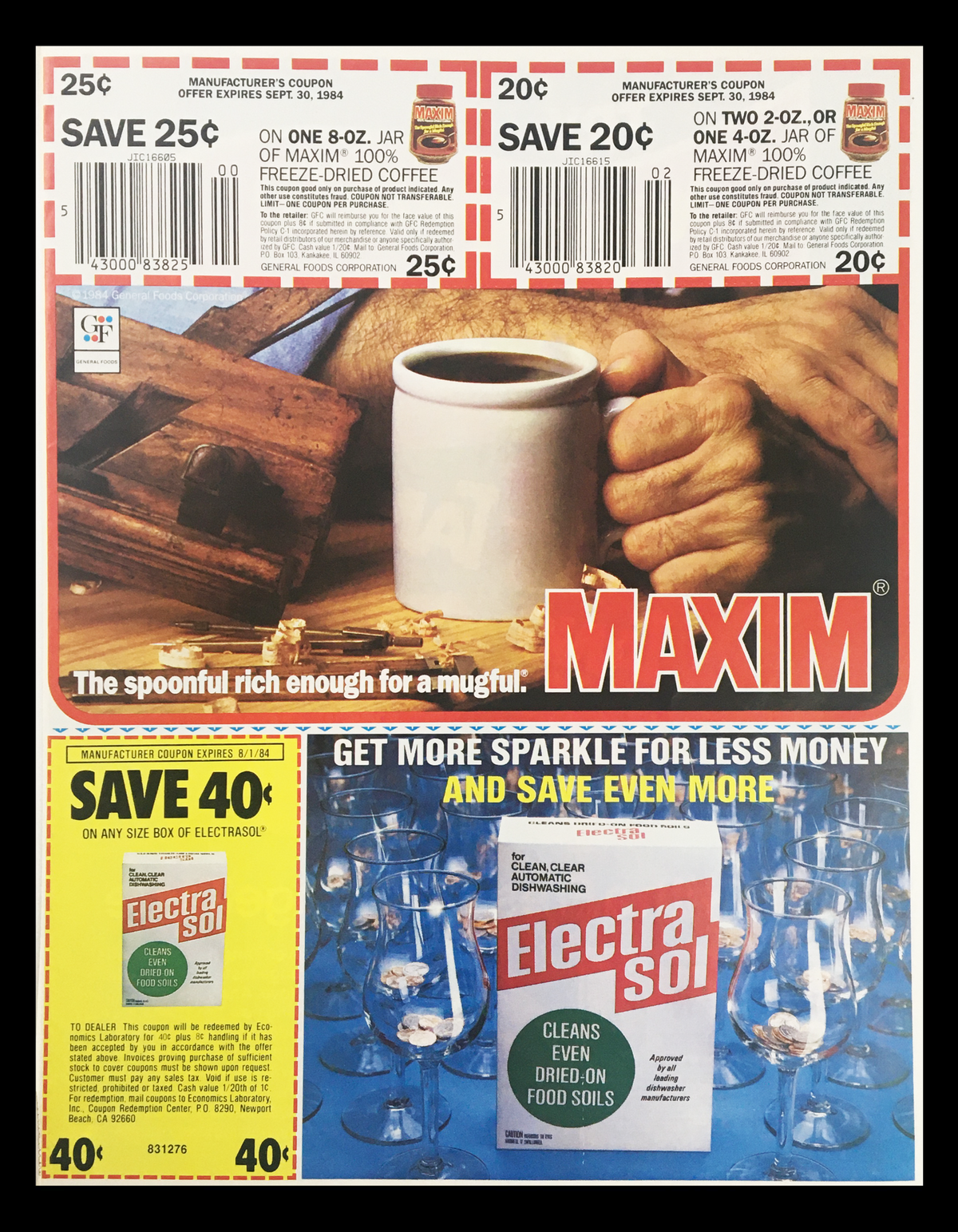 1984 Tang Brand Fresher Orange Juice Circular Coupon Advertisement showing various coupons for products including coffee and dishwashing detergent, with bright colors and vintage design elements.