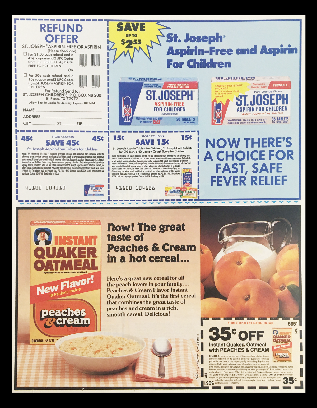 St. Joseph Aspirin-Free and Aspirin for Children advertisement with refund offer, showcasing the packaging and a coupon, along with promotional details for Instant Quaker Oatmeal with Peaches & Cream.