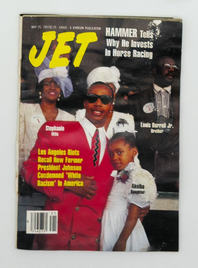 VTG Jet Magazine cover from May 25, 1992 featuring Hammer, Stephanie, Akeiha, and Louis Burrell Jr. The cover highlights Hammer's investment in horse racing and discusses the Los Angeles riots, with images of the family on the front.
