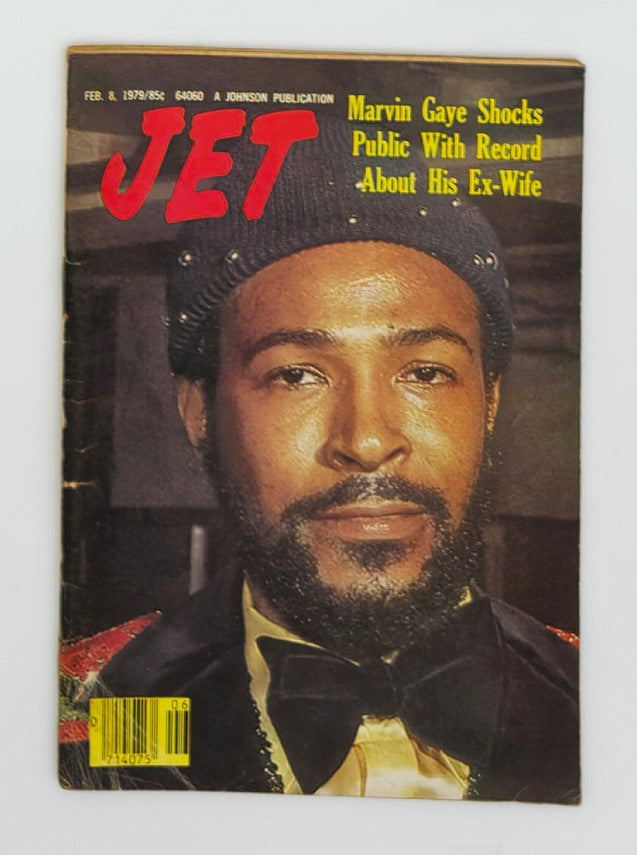 Cover of Jet Magazine from February 8, 1979 featuring the title 'Marvin Gaye Shocks Public with Record'. The magazine showcases an image of Marvin Gaye, highlighting his impact on music during the late 1970s.