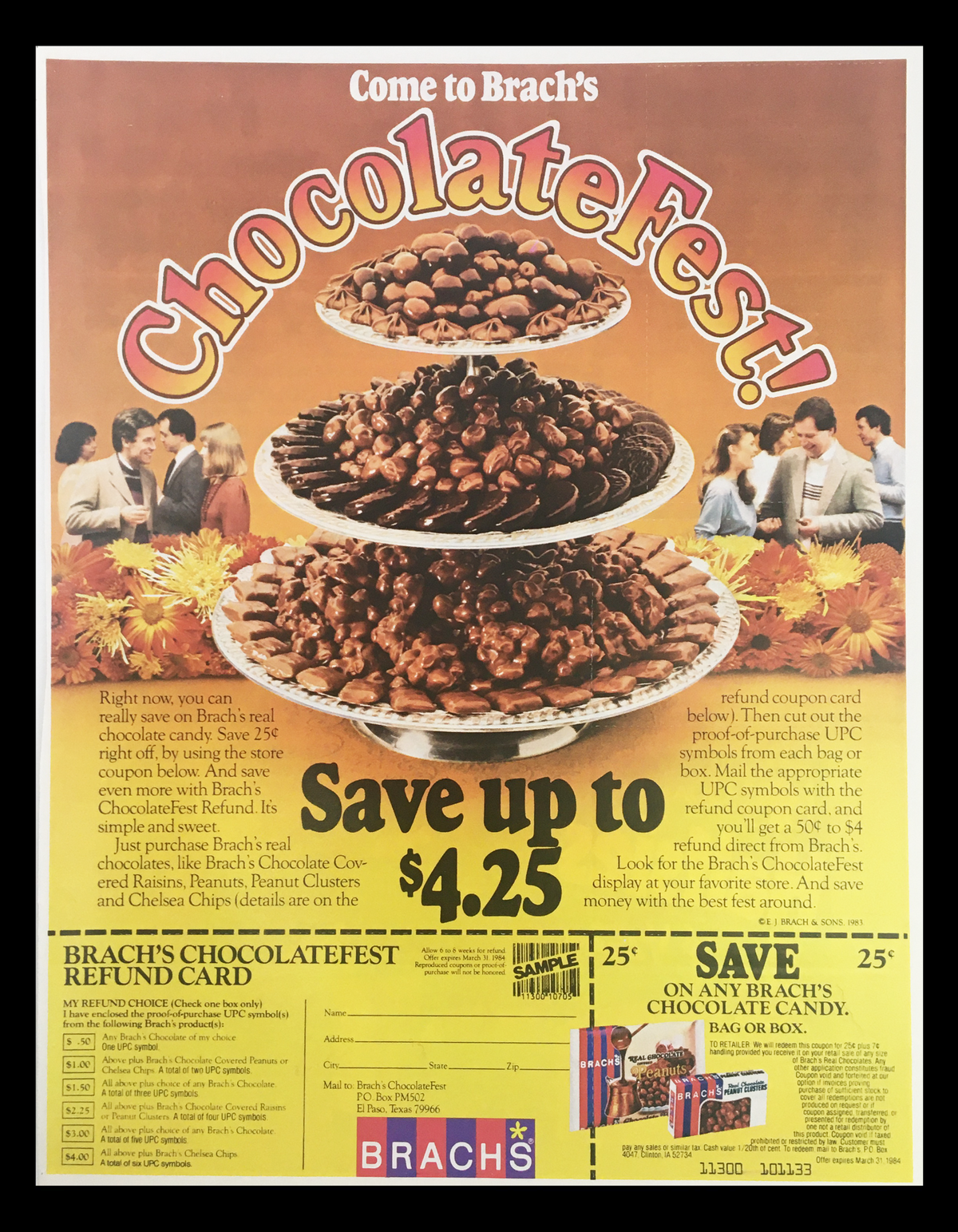 1984 Brach's Chocolate Candy Fest Circular Coupon Advertisement showcasing a colorful display of chocolate candies on plates with a promotional message to save up to $4.25.