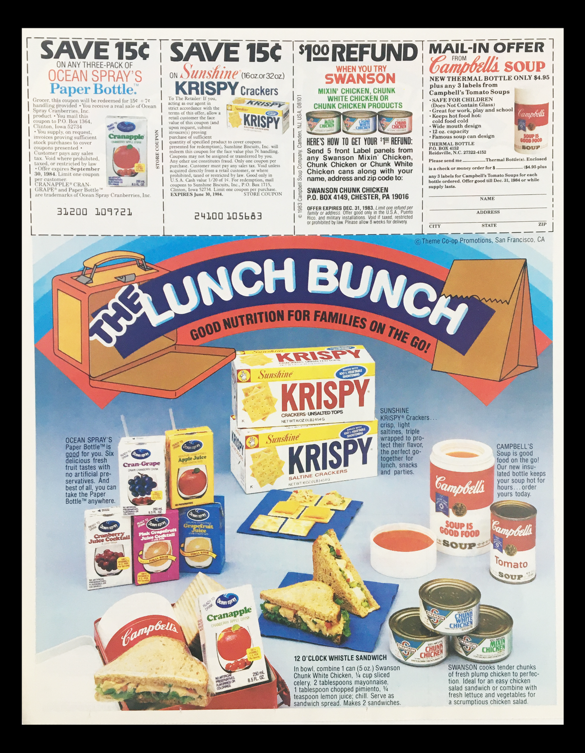 1983 The Lunch Bunch On The Go Circular Coupon Advertisement showcasing various food items including Campbell's soups and Krispy crackers, emphasizing good nutrition for families on the go.