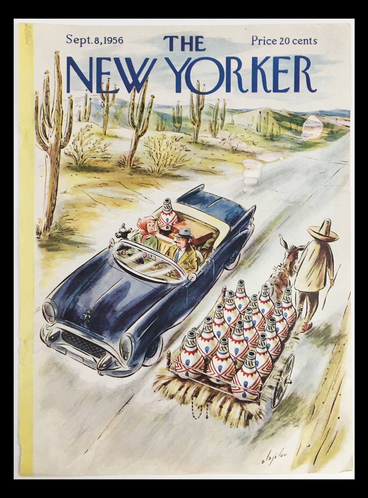 Cover of The New Yorker September 8 1956, featuring a vintage car driving on a desert road with cacti, accompanied by a cart of decorative bottles. This cover is designed by Constantin Alajalov.