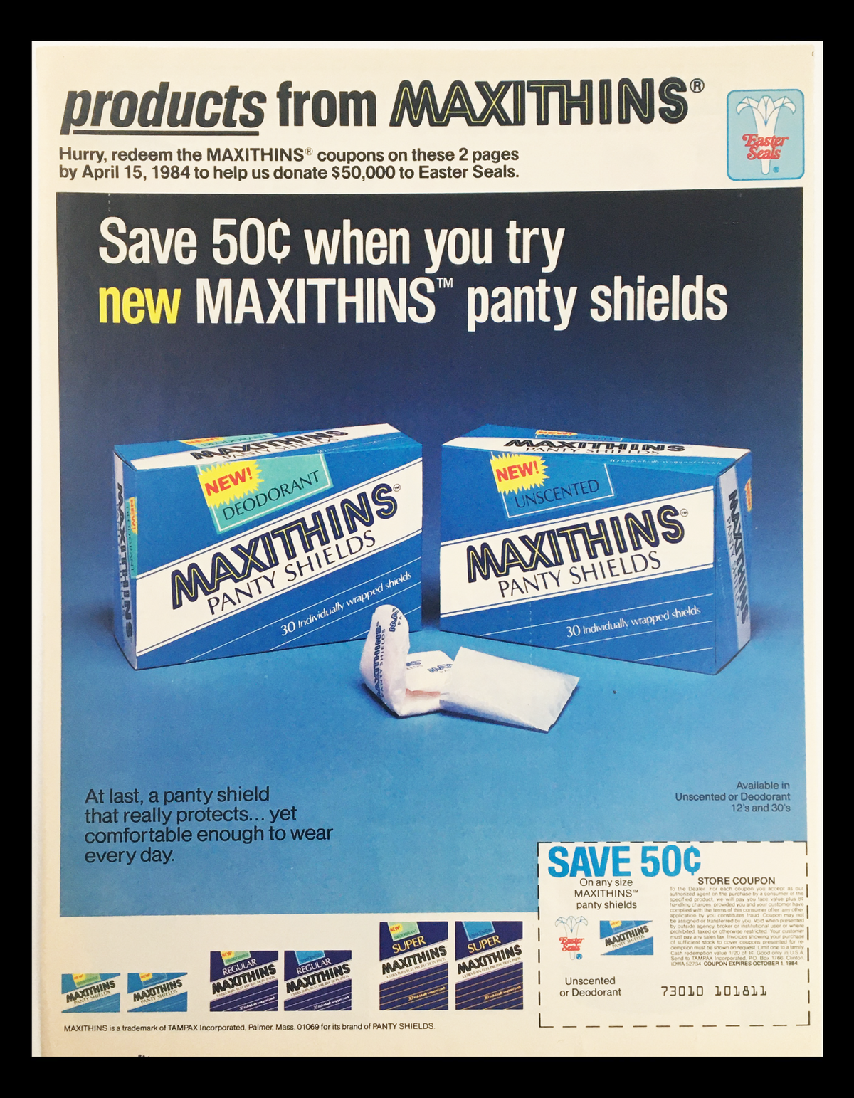 1984 Maxithins Unscented Panty Shields Circular Coupon Advertisement showcasing the product packaging with a coupon offer to save 50 cents on new Maxithins panty shields.