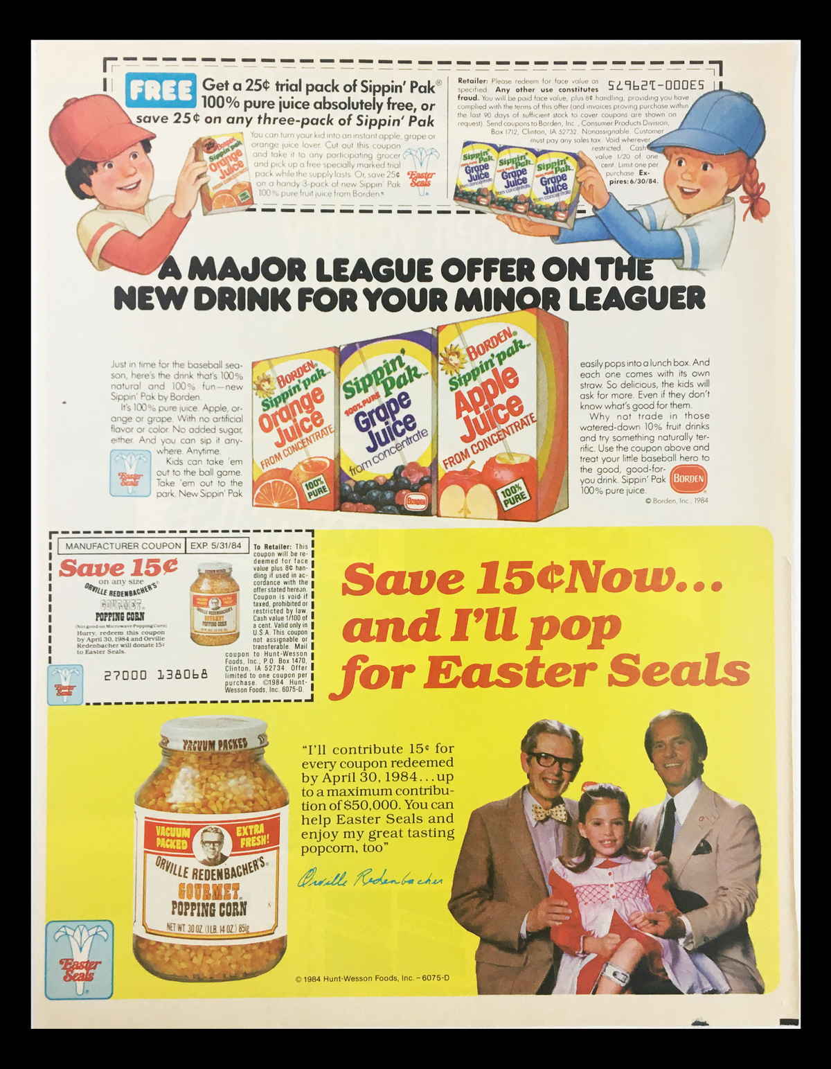 1984 Maxithins Unscented Panty Shields Circular Coupon Advertisement featuring various drink offers and a coupon offering savings, emphasizing family-friendly promotions.