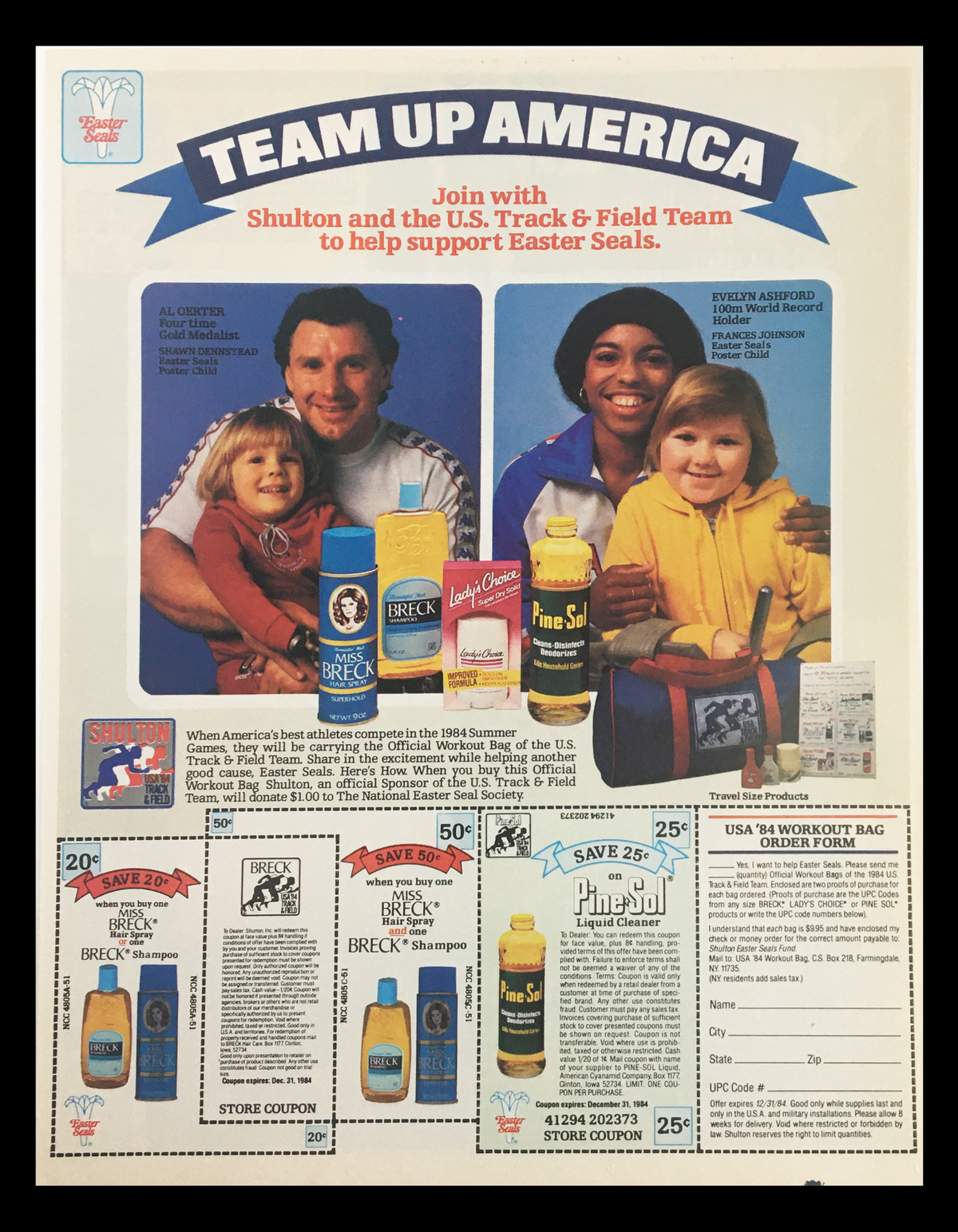1985 Dial Deodorant Soap Circular Coupon Advertisement featuring the 'Team Up America' campaign with Shulton products supporting Easter Seals, displaying multiple products and community involvement.