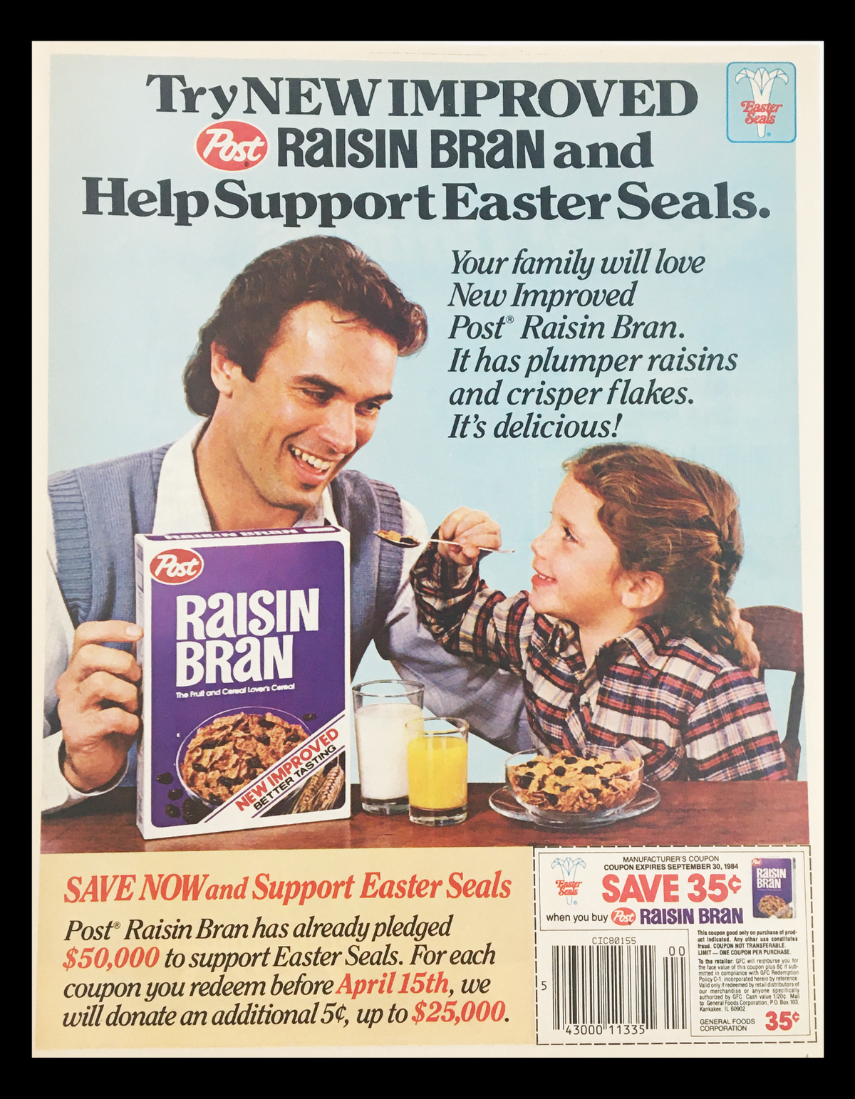 1984 Post Raisin Bran Fruit Cereal Circular Coupon Advertisement featuring a family enjoying a bowl of Raisin Bran and promoting improved product quality.