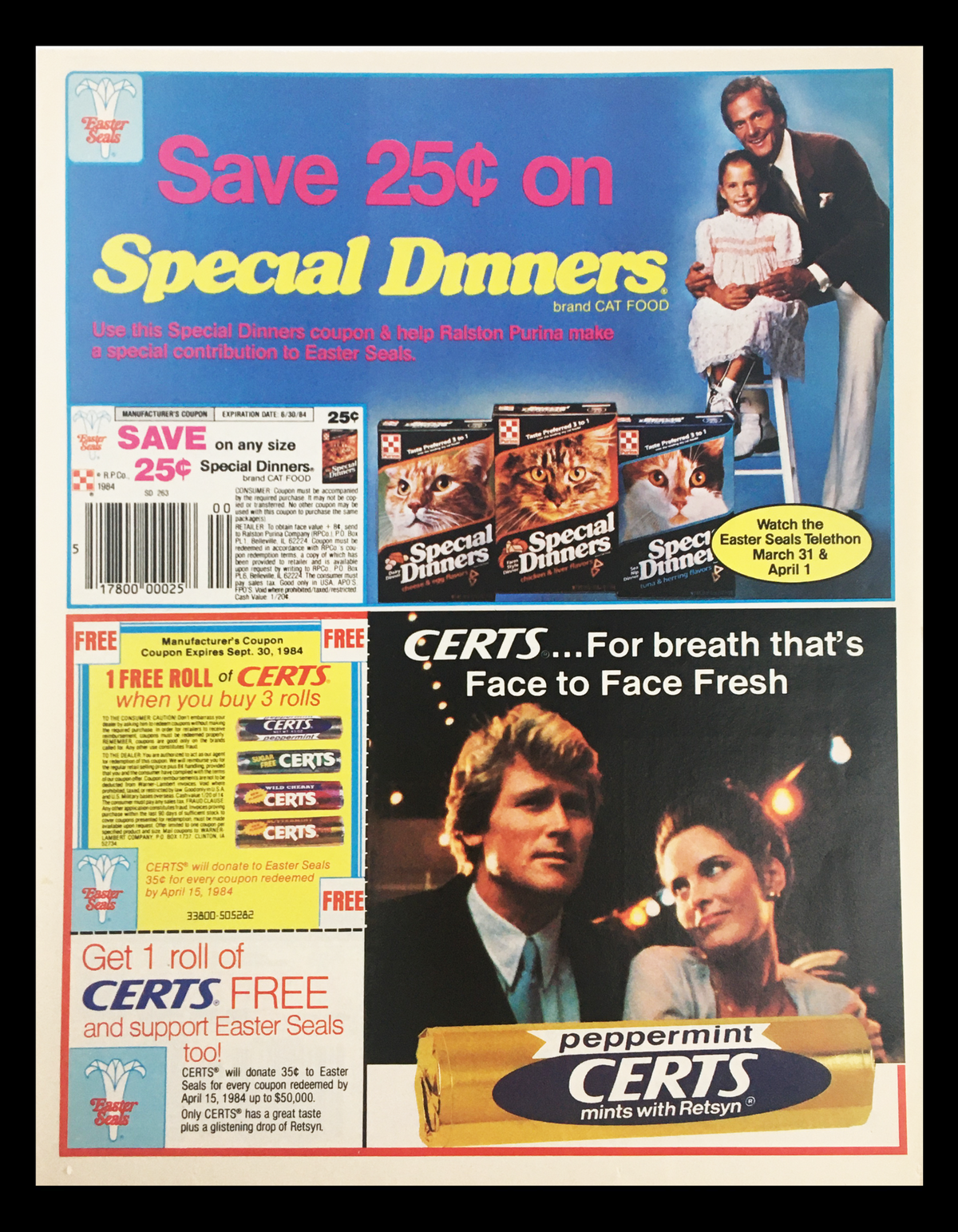 1984 coupon advertisement for Special Dinners featuring a man and a girl, promoting savings on pet food while supporting Easter Seals.