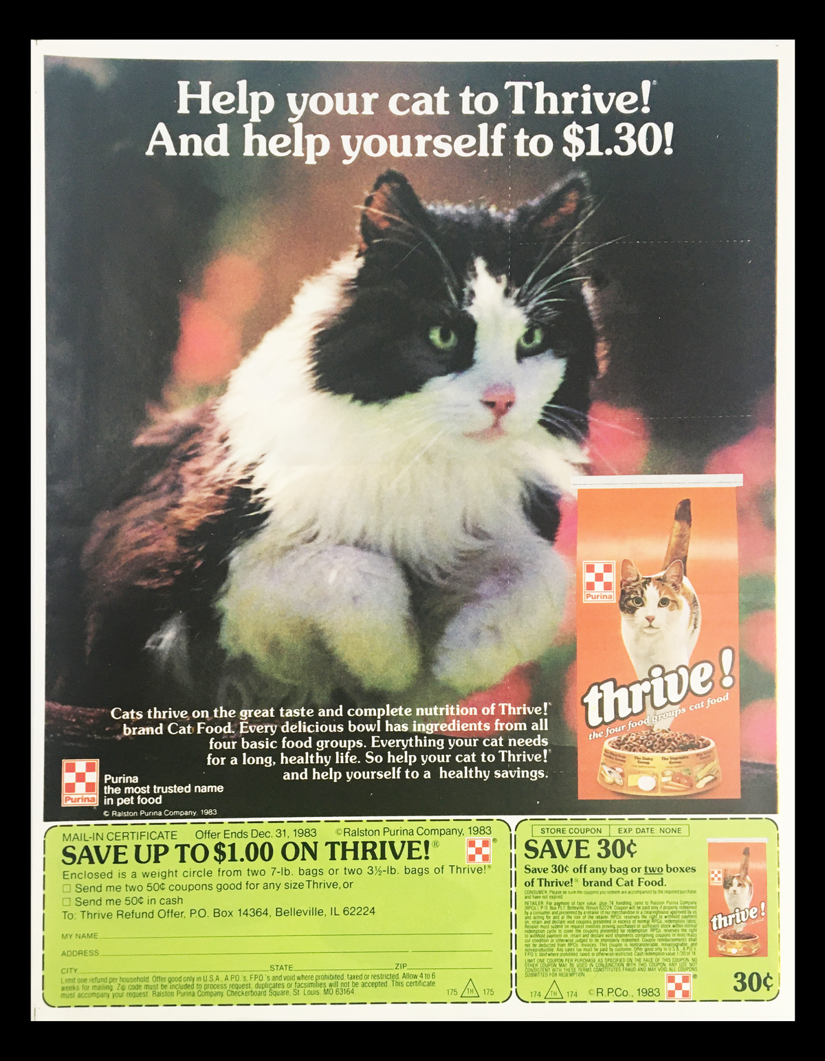 1983 Purina Thrive Cat Food Circular Coupon Advertisement featuring a cute black and white cat with a Thrive cat food box, emphasizing the benefits of the product and a coupon offer.