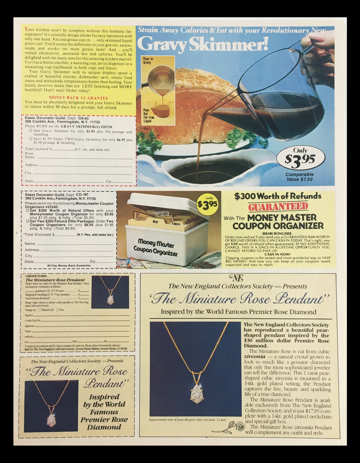 1983 Fine Brands Easter Seal Society Circular Coupon Advertisement featuring various products including a gravy skimmer and jewelry with pricing and coupon details. Original advertisement in good condition with visible wear.