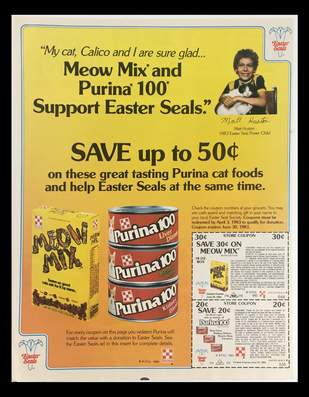 1983 Purina 00 Liver Dinner Cat Foods Circular Coupon Advertisement featuring a vintage Meow Mix and Purina 100 promotional offer. The ad showcases a young boy with a cat, promoting savings on Purina cat foods and support for Easter Seals.