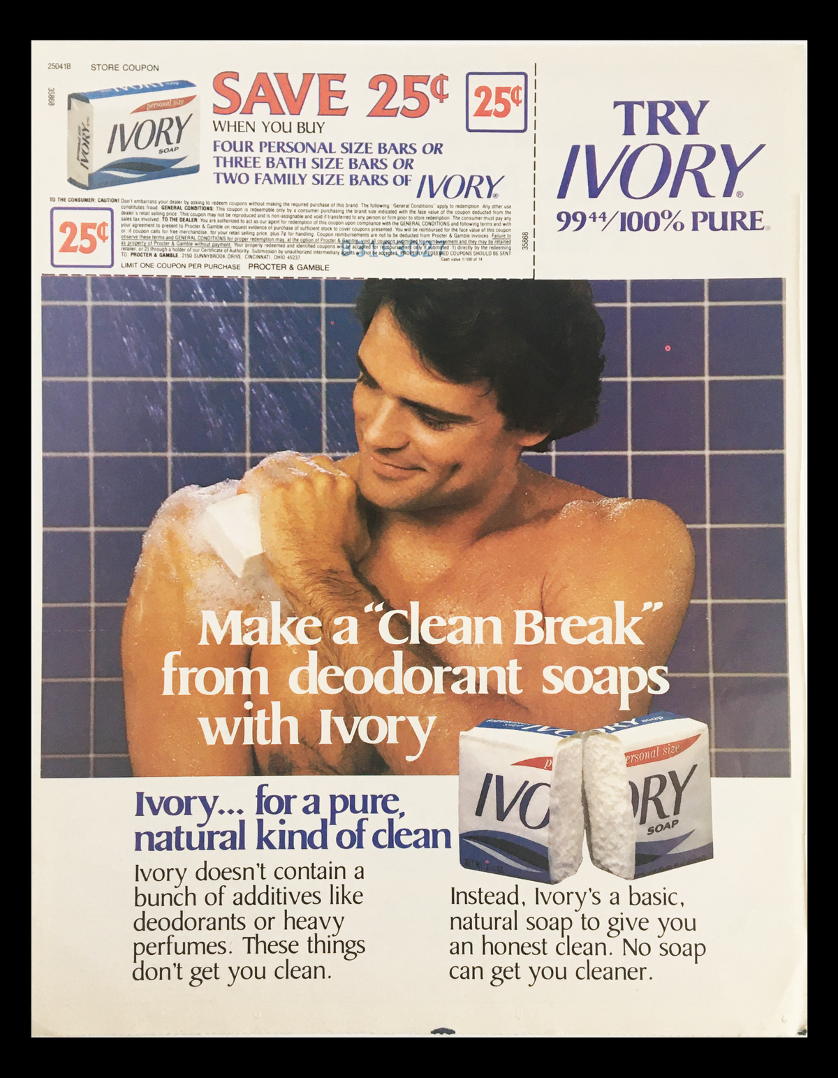 Vintage advertisement for Ivory Soap with a man promoting its clean, natural qualities. Part of the 1983 Purina 00 Liver Dinner Cat Foods Circular Coupon Advertisement.