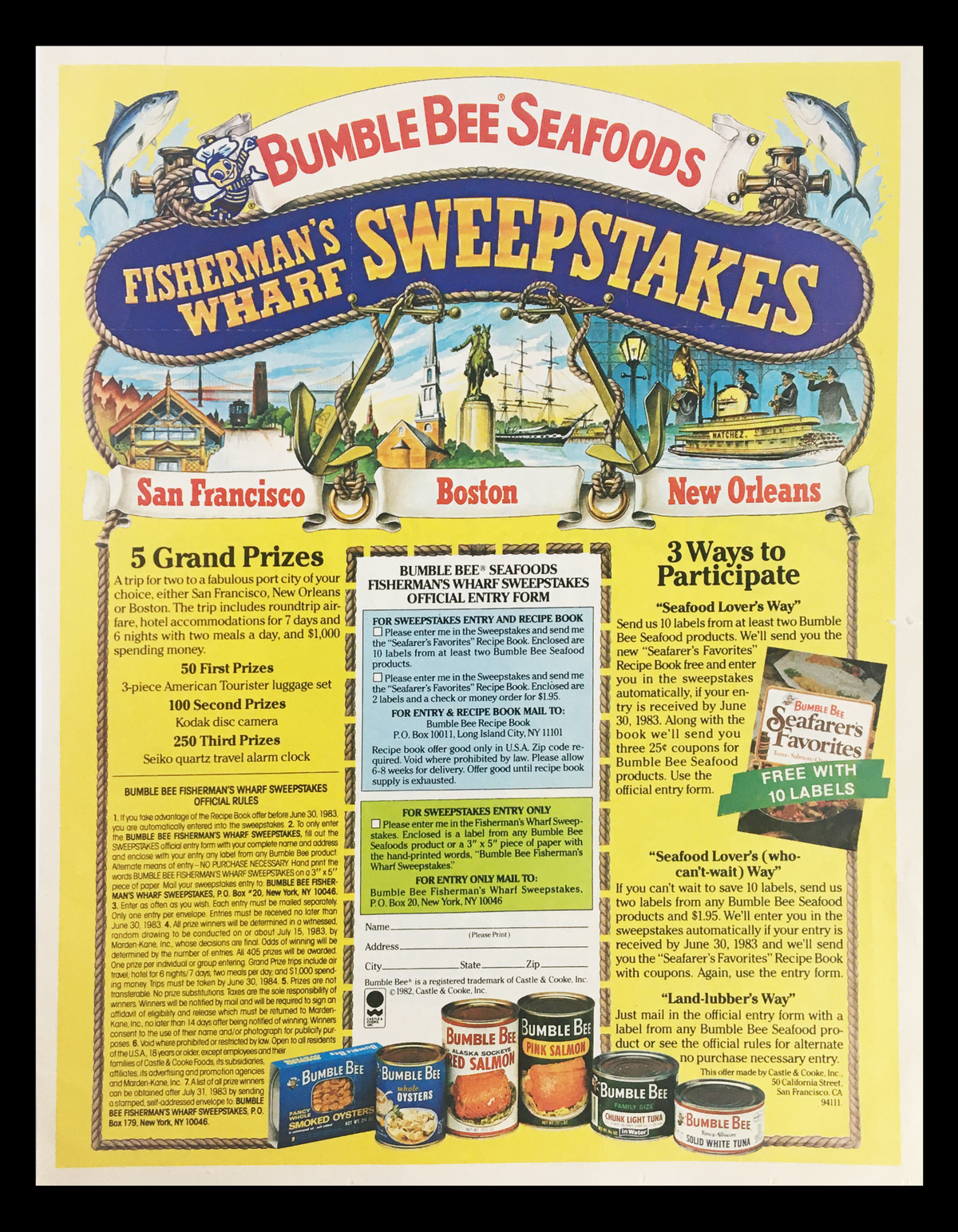 1983 Bumble Bee Seafoods Fisherman's Wharf Sweepstakes Advertisement with details on prizes and entry methods. Includes vibrant illustrations and seafood packaging images.