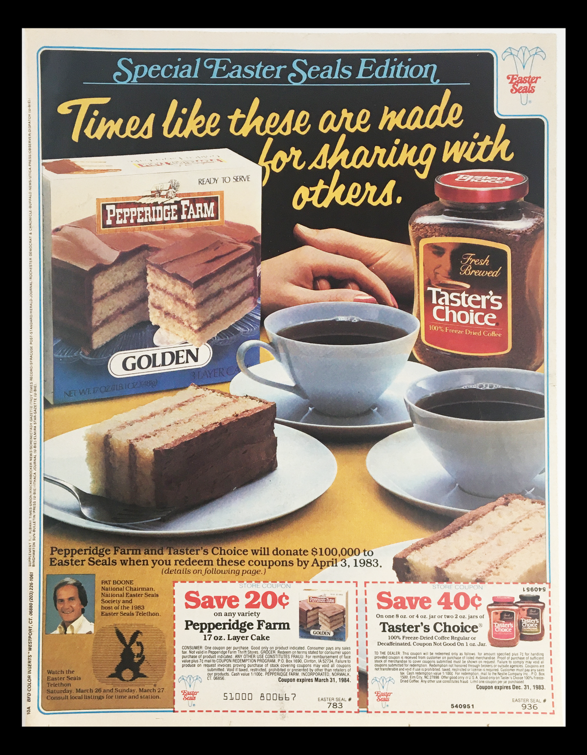 1983 Pepperidge Farm and Taster's Choice Coffee Circular Coupon Advertisement featuring a Golden Layer Cake and coffee, promoting a donation to Easter Seals.