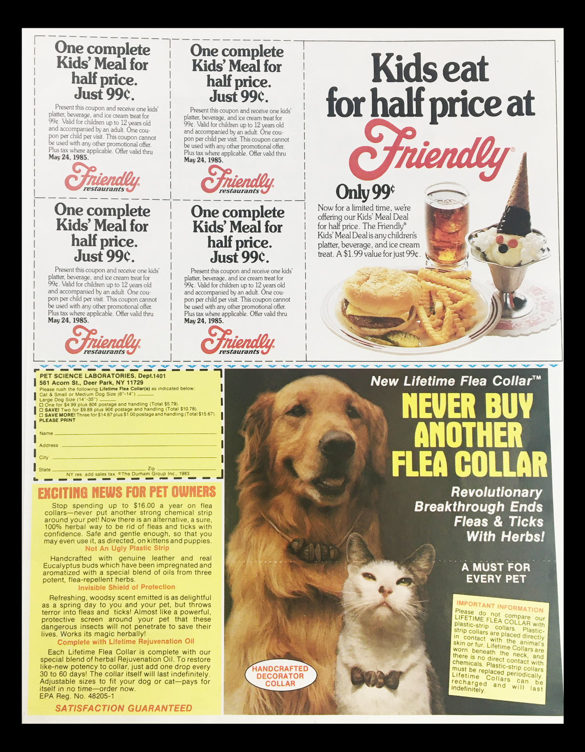 1985 Friendly Restaurants Ice Cream Circular Coupon Advertisement showcasing offers for kids' meals and a promotion for a lifetime flea collar, all reflecting the dining culture of the mid-80s.