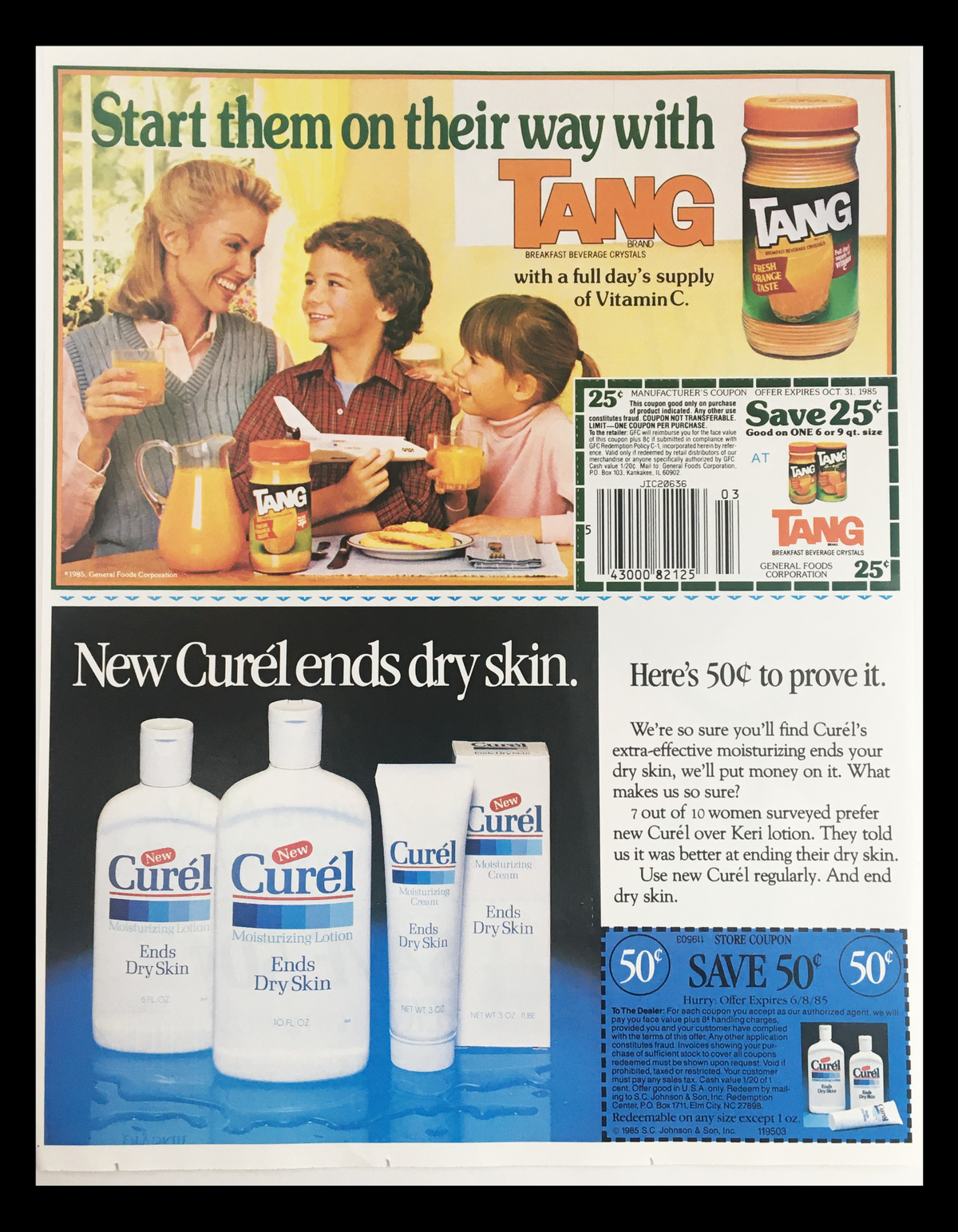 Advertisement of various products including Tang and Curél, featuring a family enjoying breakfast and promoting discounts, encapsulated in a vibrant 1985 marketing style.