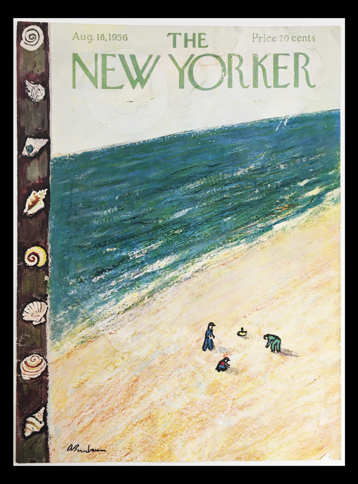 Vintage cover from The New Yorker, August 18, 1956, designed by Abe Birnbaum, showcasing a beach scene with children playing, featuring a striking blue ocean and shells along the border.
