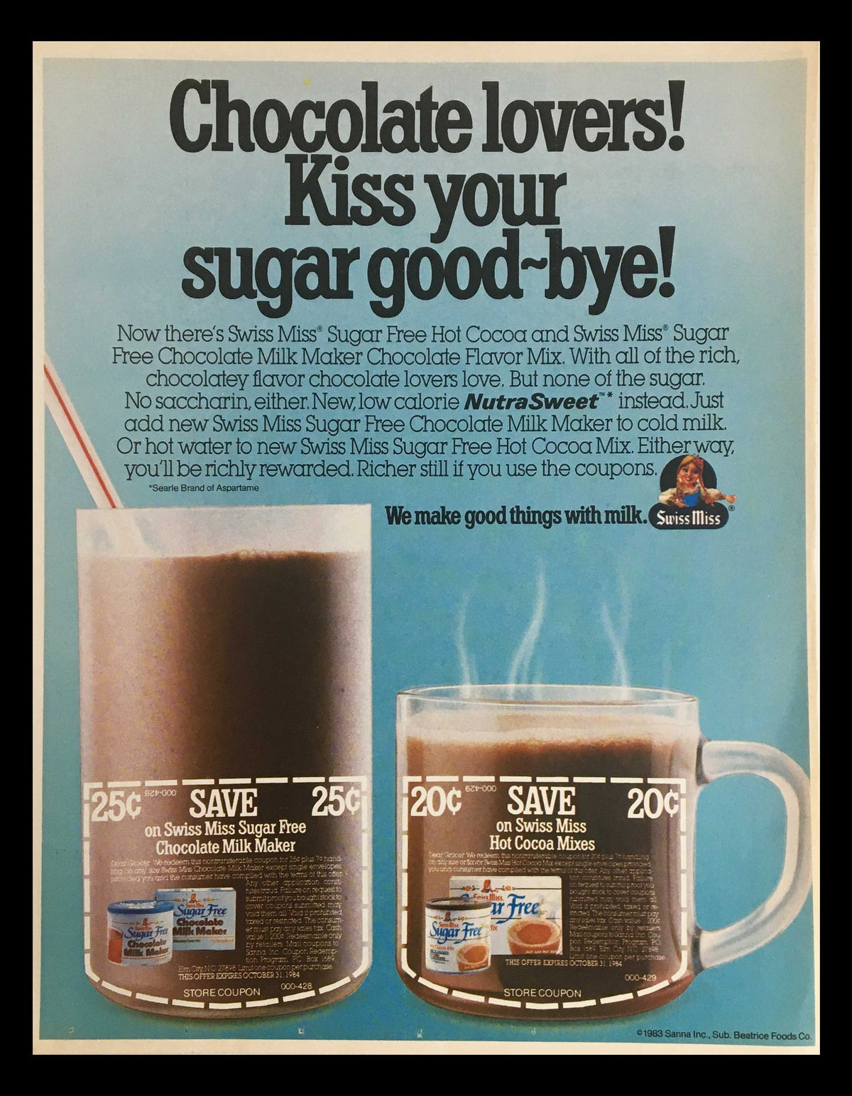 1984 Hood Nu Form Garden Salad Cottage Cheese Circular Coupon Advertisement featuring Swiss Miss chocolate products, promoting Sugar Free Chocolate Milk Maker and Hot Cocoa Mix, demonstrating elegant packaging and a coupon offer.