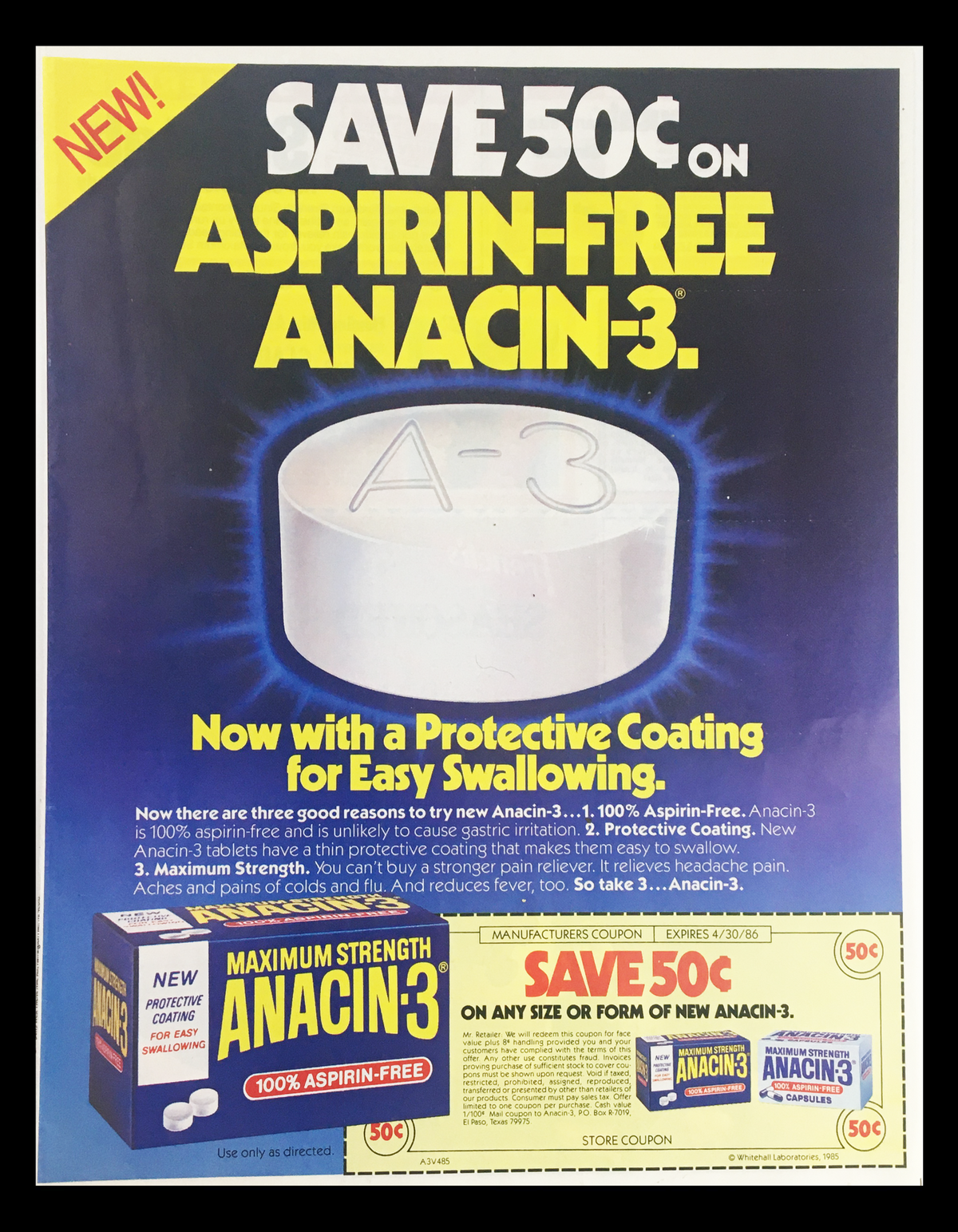 1986 Aspriin-Free Anacin-3 Circular Coupon Advertisement featuring the product with a protective coating for easy swallowing, promoting a $0.50 savings offer and highlighting the features of Anacin-3 as a maximum strength pain relief option.