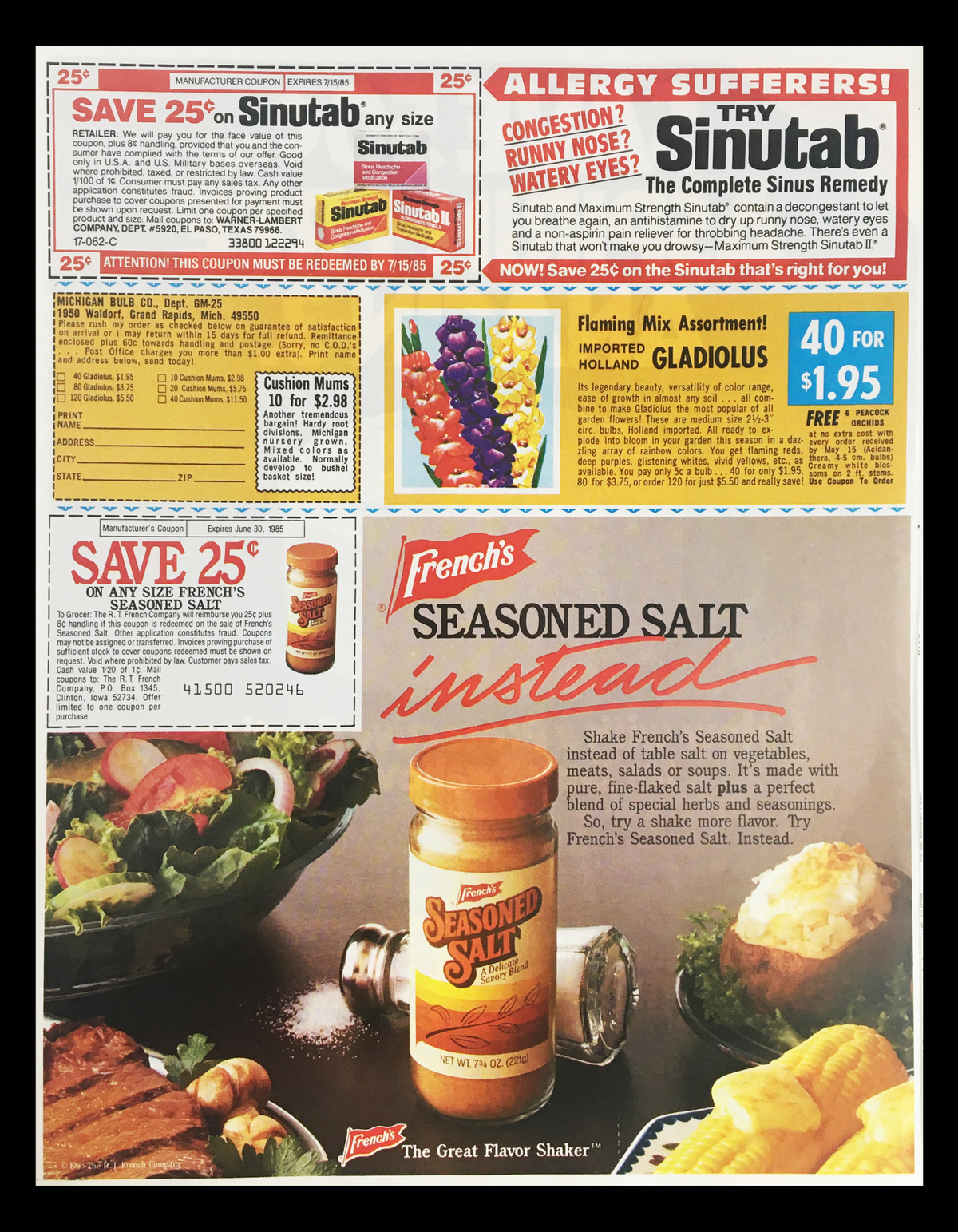 1986 Aspriin-Free Anacin-3 Circular Coupon Advertisement featuring various product coupons including Sinutab and French's Seasoned Salt, showcasing deals and promotional offers, in good condition, dimensions 11 1/4 x 8 3/4.