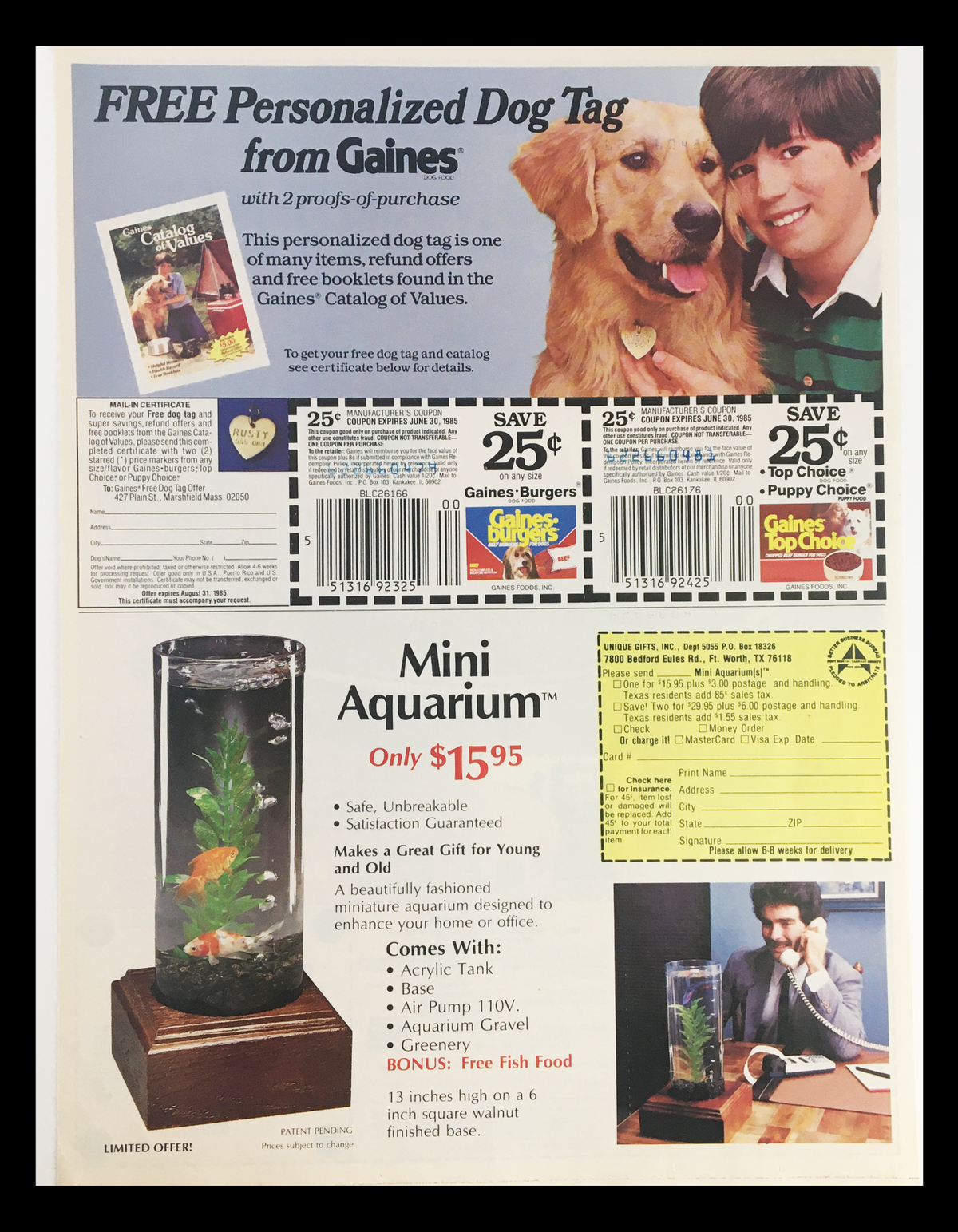 1985 advertisement for Gaines featuring a free personalized dog tag offer and promotions for Gaines Burgers, Top Choice, and a Mini Aquarium priced at $15.95.