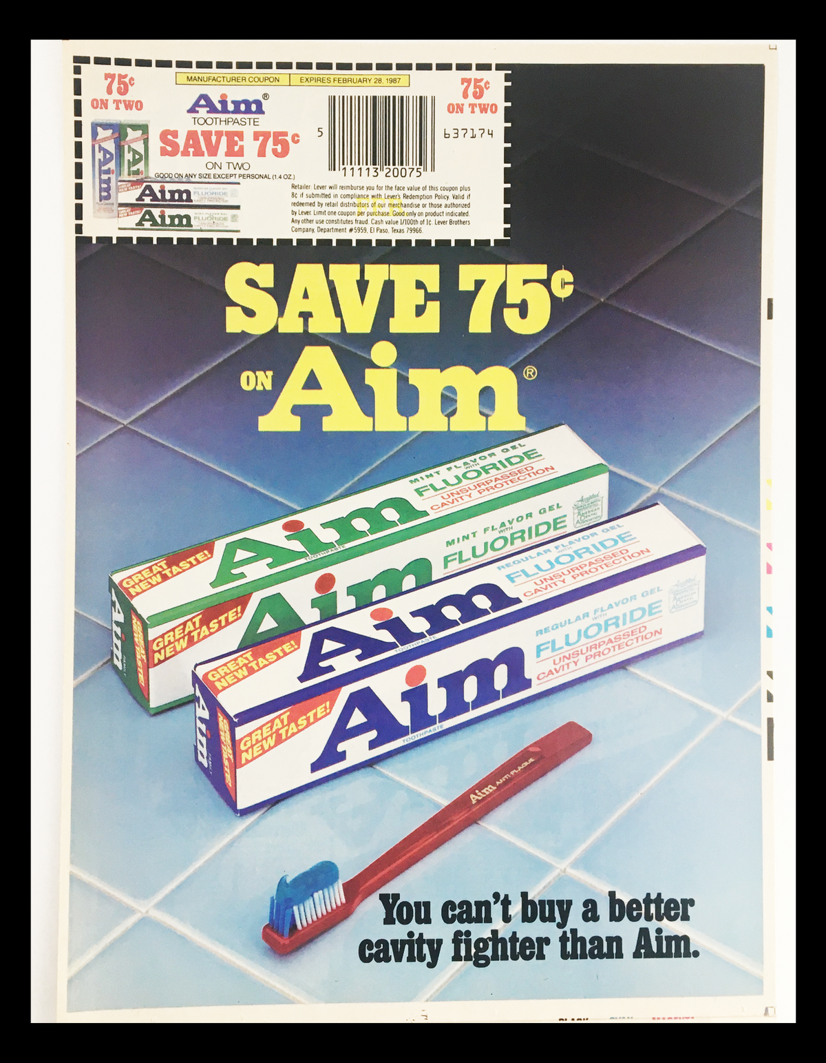 1987 Aim Fluoride Toothpaste Circular Coupon Advertisement showcasing toothpaste boxes and a toothbrush with a coupon offer to save 75 cents on Aim products.