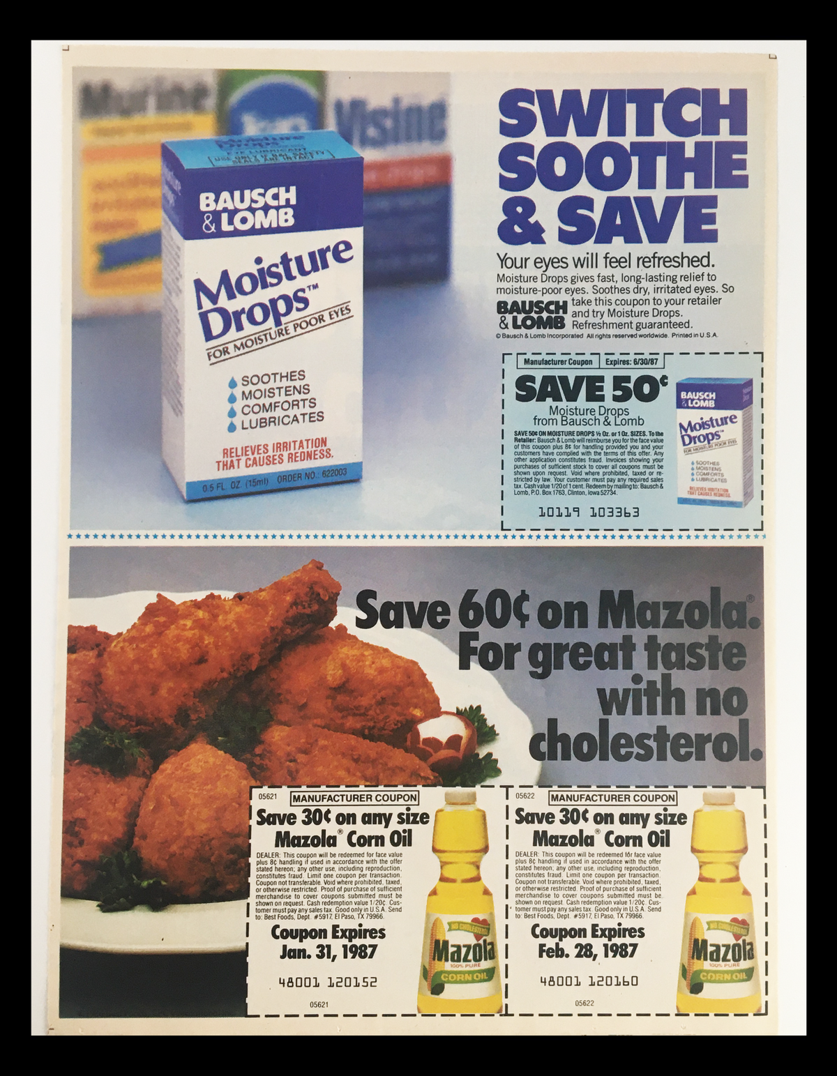 1987 Bausch & Lomb Moisture Drops advertisement featuring coupons for savings on eye drops and Mazola corn oil with imagery of fried chicken.