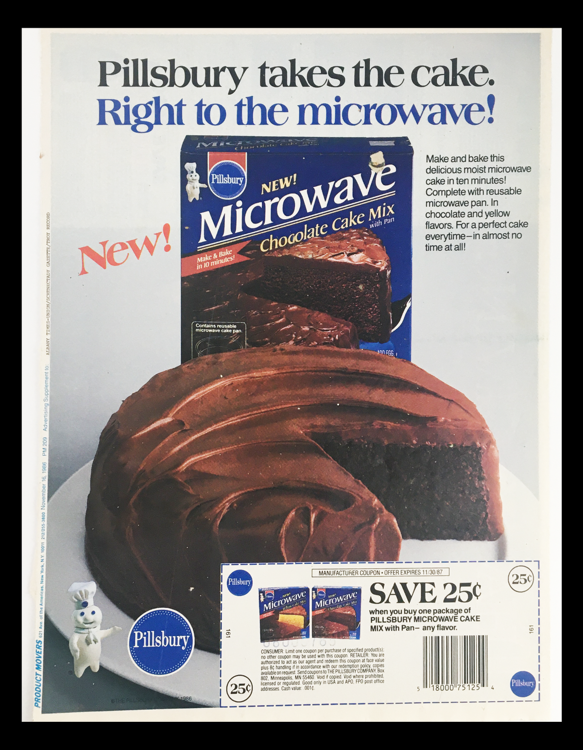 1987 Pillsbury Microwave Chocolate Cake Mix Circular Coupon Advertisement featuring a cake with chocolate frosting and a box of Pillsbury Microwave Chocolate Cake Mix. Highlights the convenience of microwave baking.