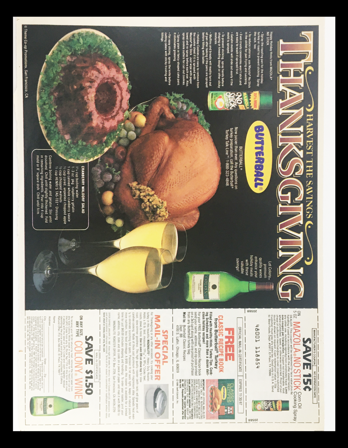 Thanksgiving advertisement showcasing a Butterball turkey dish, alongside a festive table setting with drinks and side dishes. Features savings offers, promoting holiday meal preparations.